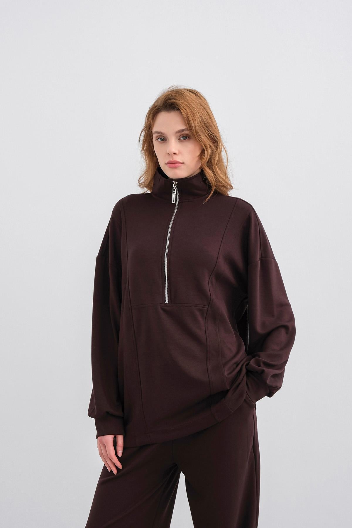 Kahve Kadın Premium Modal Kumaş Yarım Fermuarlı Oversize Alt-Üst Takım