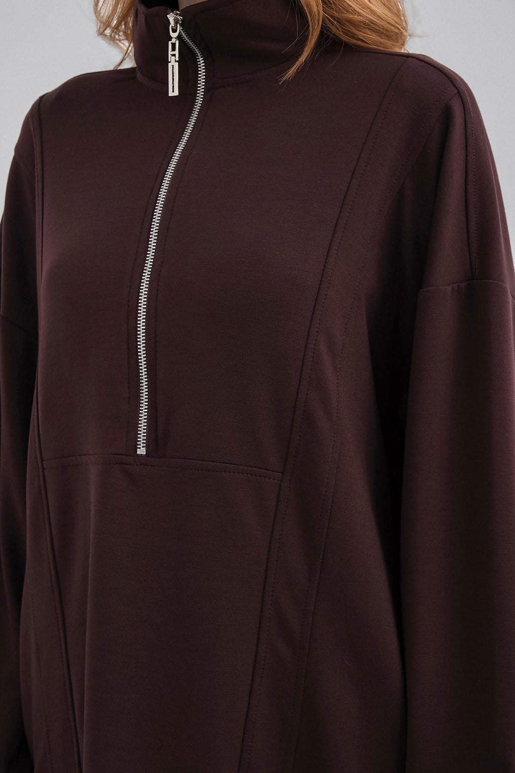 Kahve Kadın Premium Modal Kumaş Yarım Fermuarlı Oversize Alt-Üst Takım