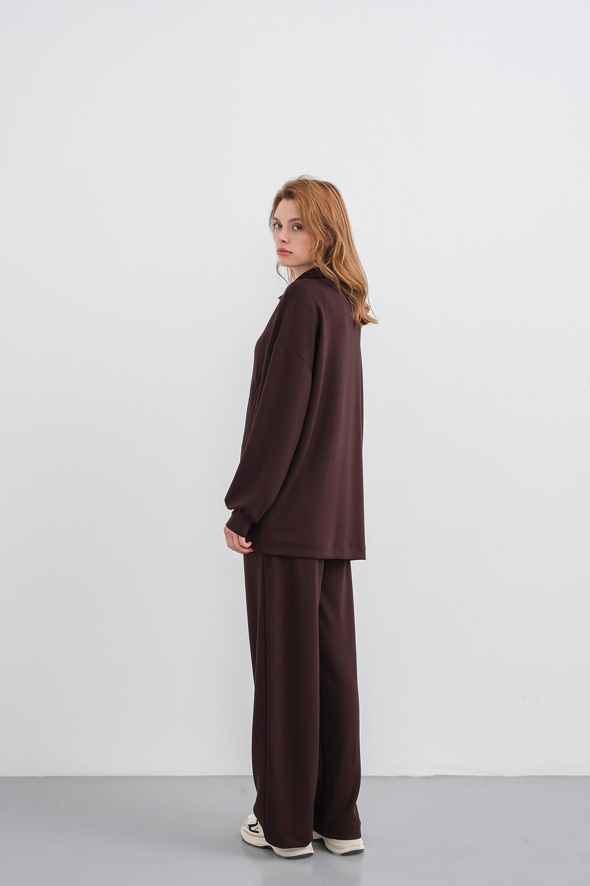 Kahve Kadın Premium Modal Kumaş Yarım Fermuarlı Oversize Alt-Üst Takım