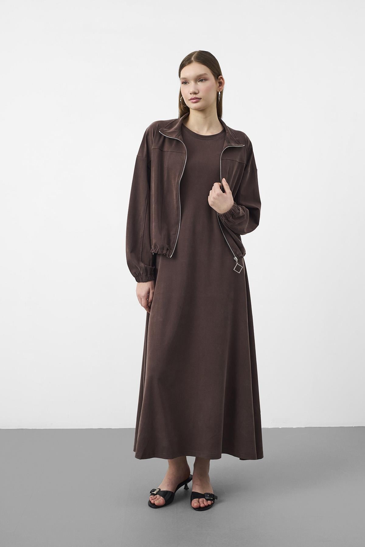 Kahve Kadın Premium Tencel Doku Sweat Üstlü Midi Elbise Takım