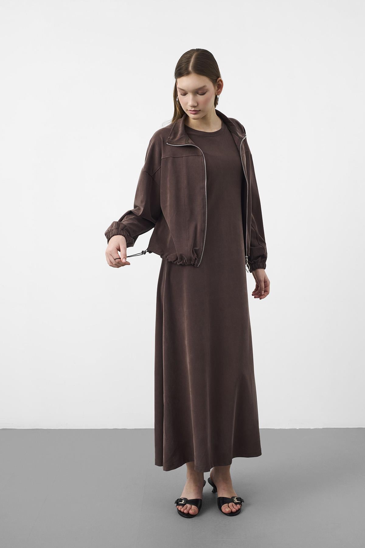 Kahve Kadın Premium Tencel Doku Sweat Üstlü Midi Elbise Takım