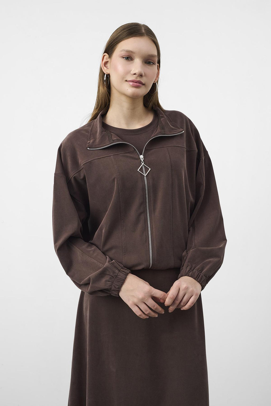 Kahve Kadın Premium Tencel Doku Sweat Üstlü Midi Elbise Takım
