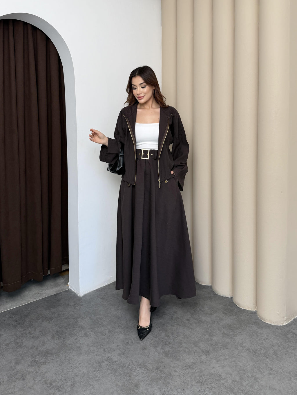 Kahve Kadın Premium Tencel Kumaş Etek Kemer Detaylı Akışkan Dokulu Ceket Etek Takım