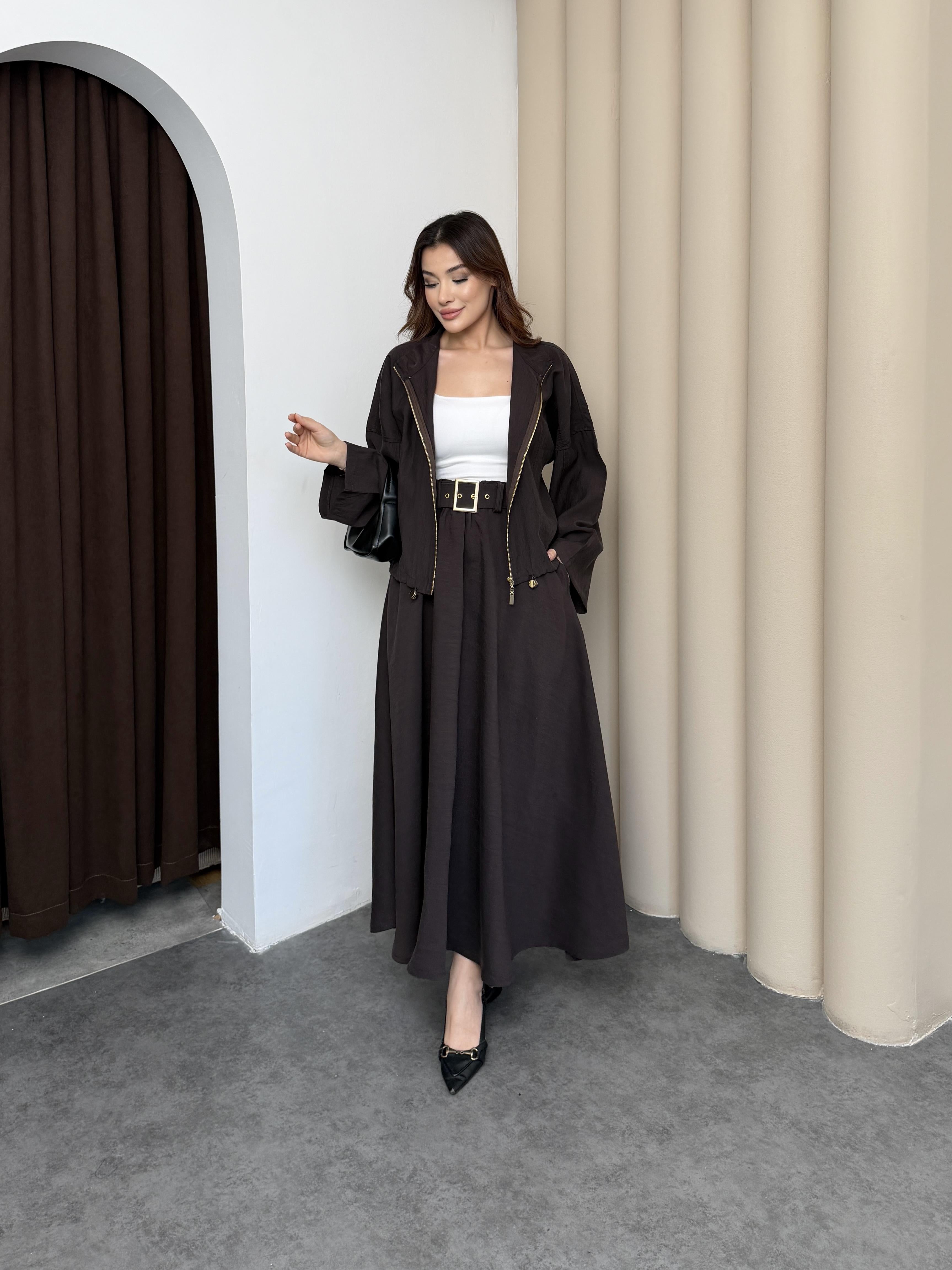 Kahve Kadın Premium Tencel Kumaş Etek Kemer Detaylı Akışkan Dokulu Ceket Etek Takım