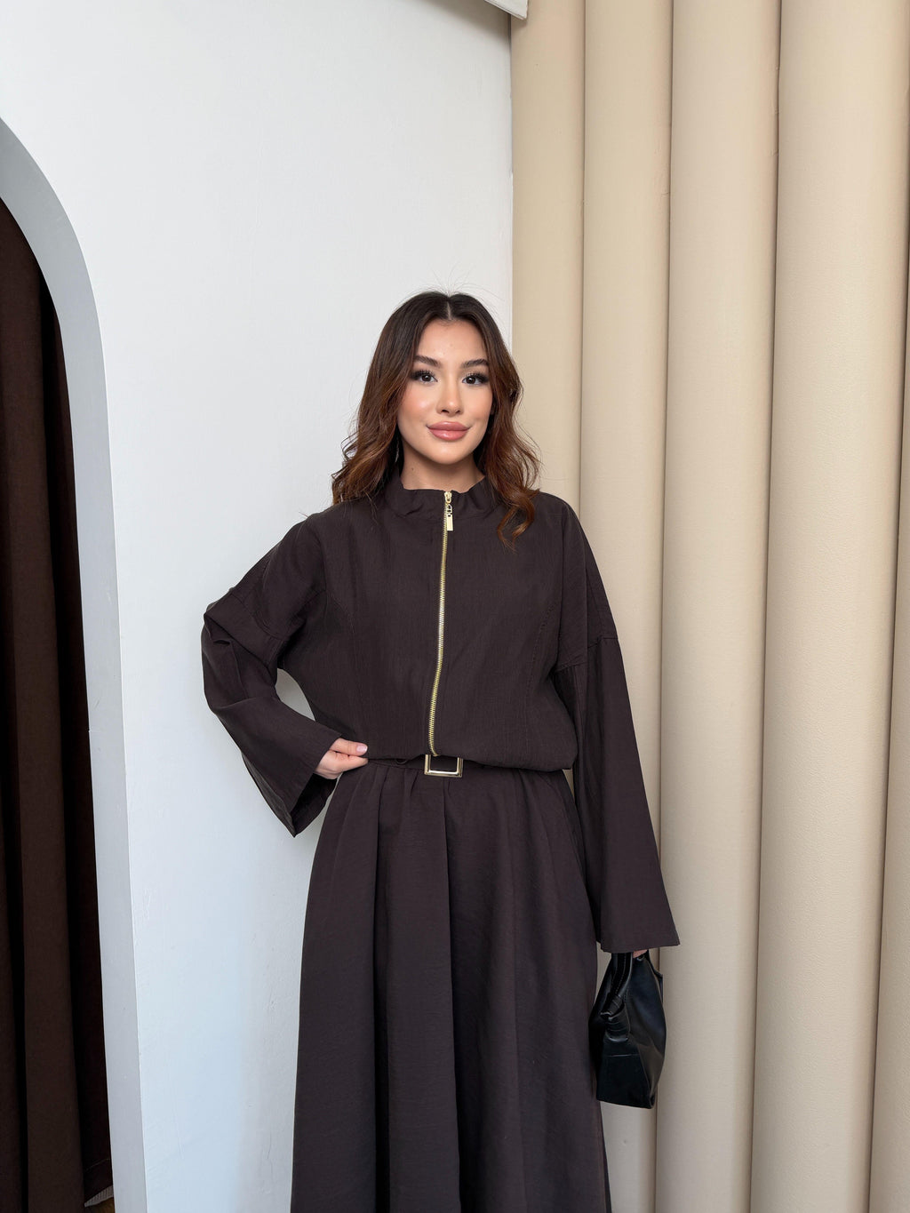Kahve Kadın Premium Tencel Kumaş Etek Kemer Detaylı Akışkan Dokulu Ceket Etek Takım