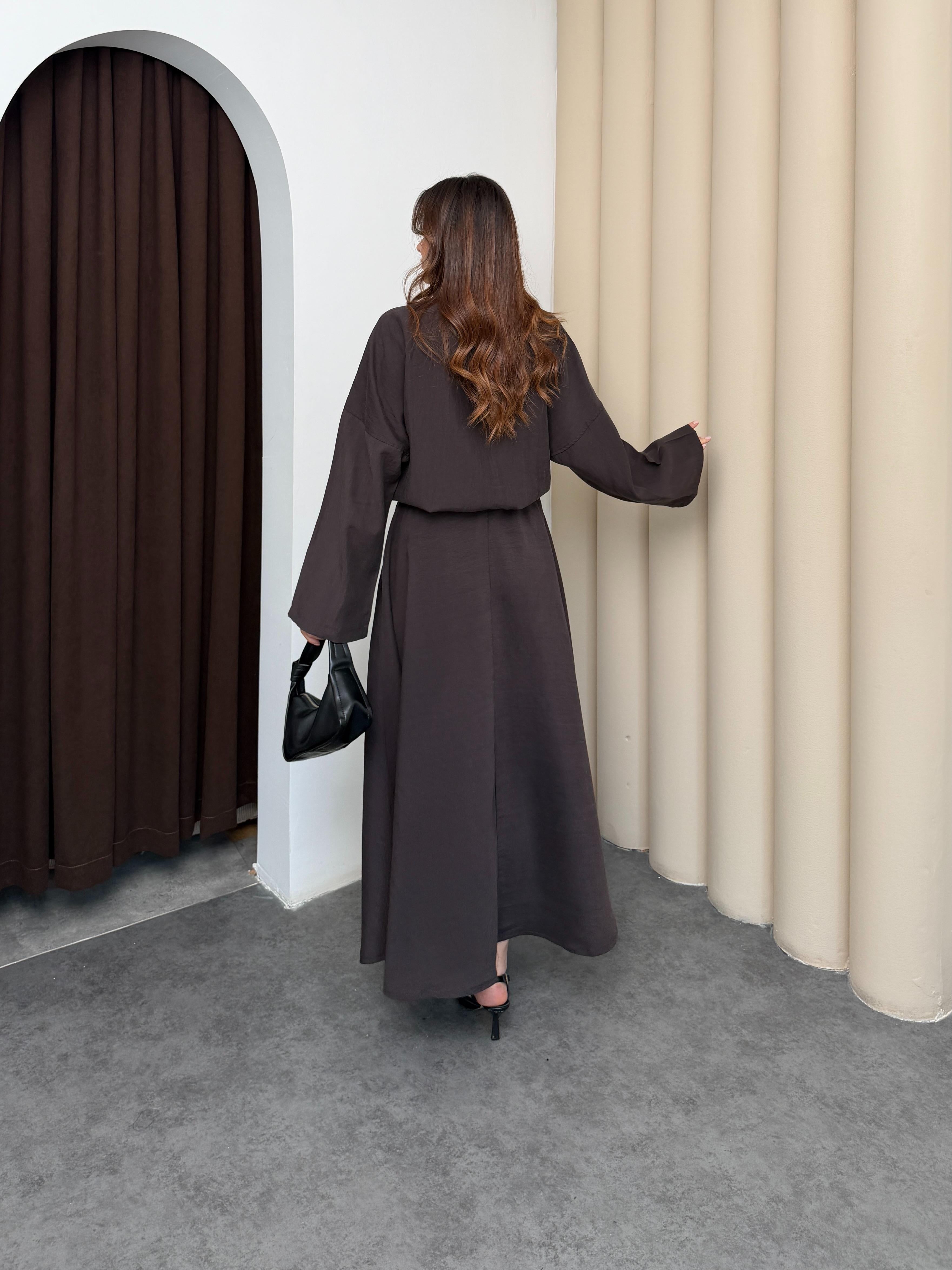 Kahve Kadın Premium Tencel Kumaş Etek Kemer Detaylı Akışkan Dokulu Ceket Etek Takım