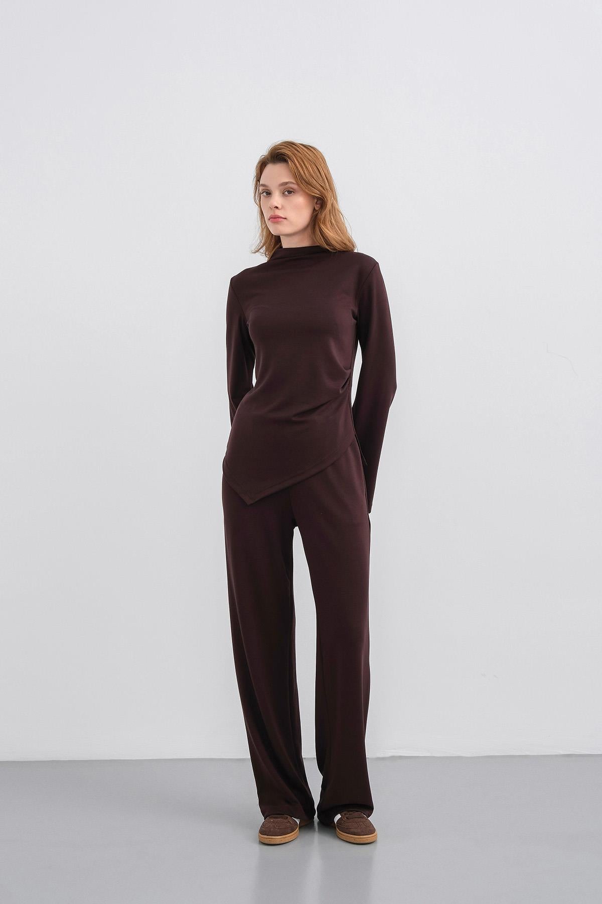 Kahve Kadın Yumuşak Dokulu Premium Modal  Balıkçı Yaka Asimetrik Kesim Alt-Üst Takım