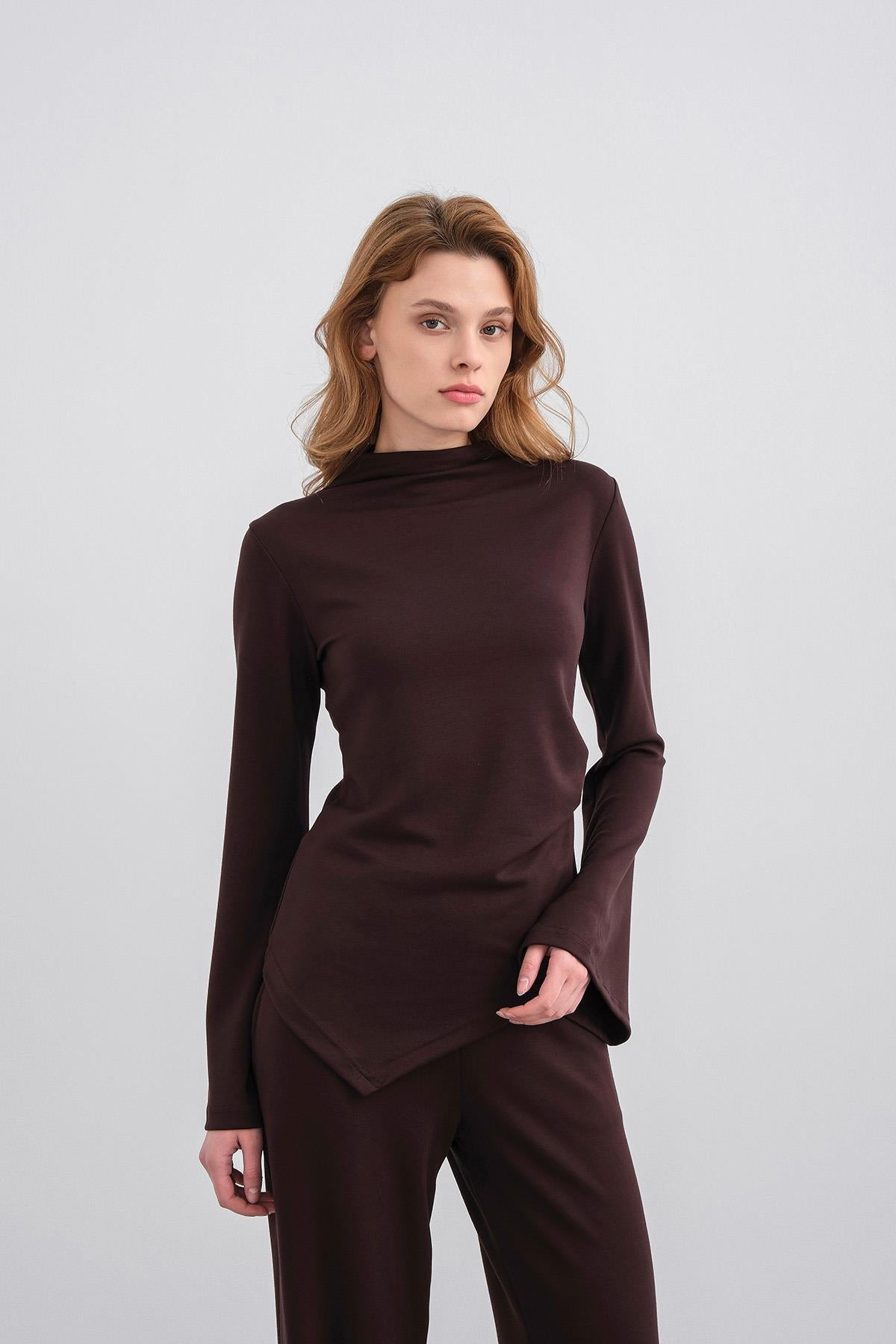 Kahve Kadın Yumuşak Dokulu Premium Modal  Balıkçı Yaka Asimetrik Kesim Alt-Üst Takım