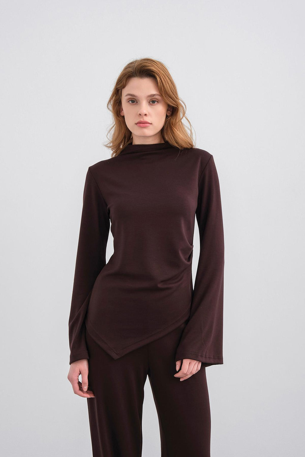 Kahve Kadın Yumuşak Dokulu Premium Modal  Balıkçı Yaka Asimetrik Kesim Alt-Üst Takım
