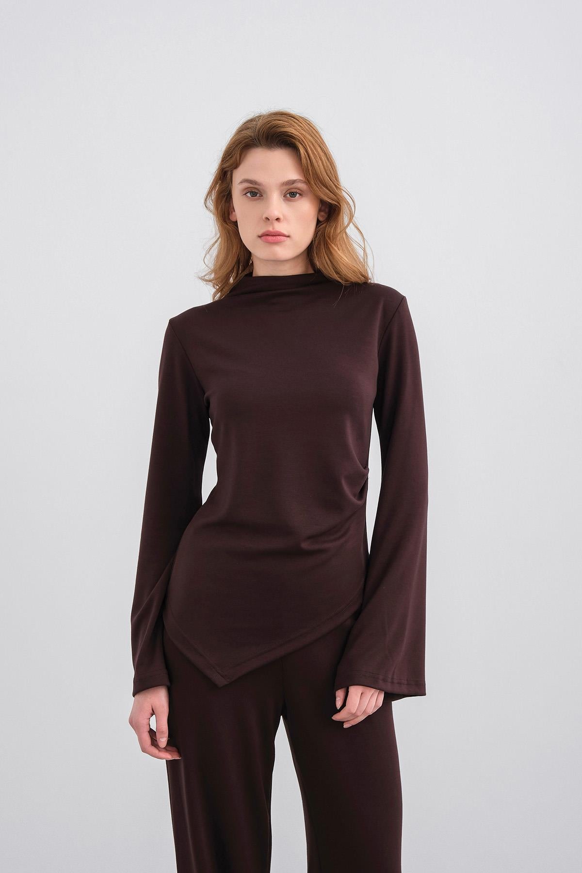 Kahve Kadın Yumuşak Dokulu Premium Modal  Balıkçı Yaka Asimetrik Kesim Alt-Üst Takım