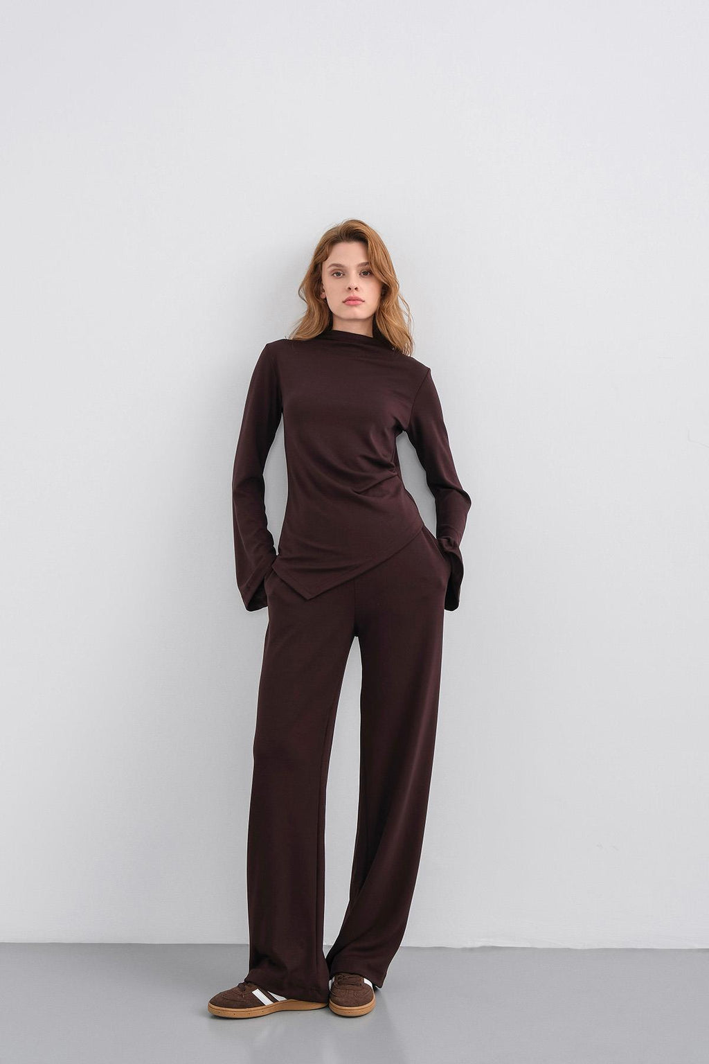 Kahve Kadın Yumuşak Dokulu Premium Modal  Balıkçı Yaka Asimetrik Kesim Alt-Üst Takım
