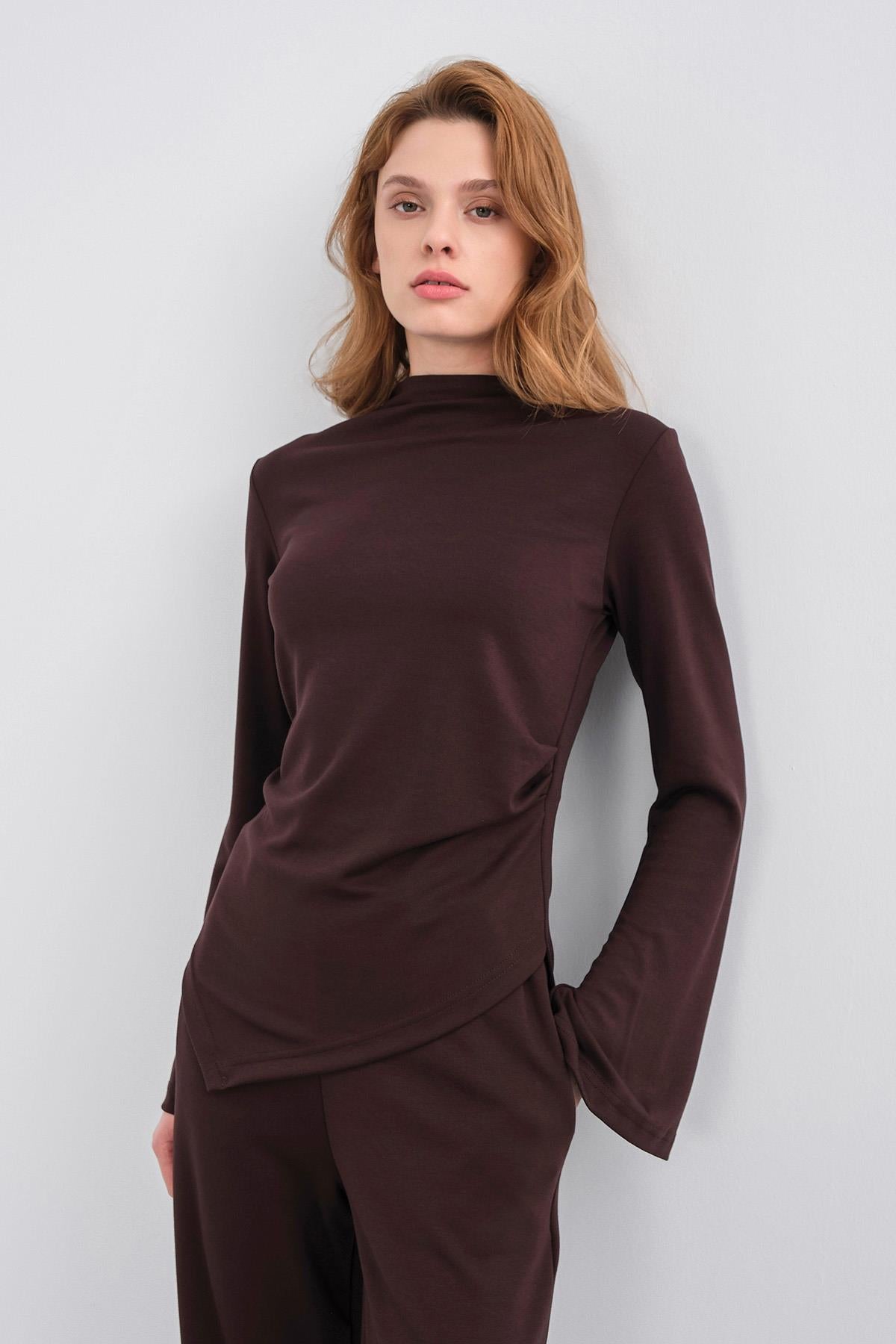 Kahve Kadın Yumuşak Dokulu Premium Modal  Balıkçı Yaka Asimetrik Kesim Alt-Üst Takım