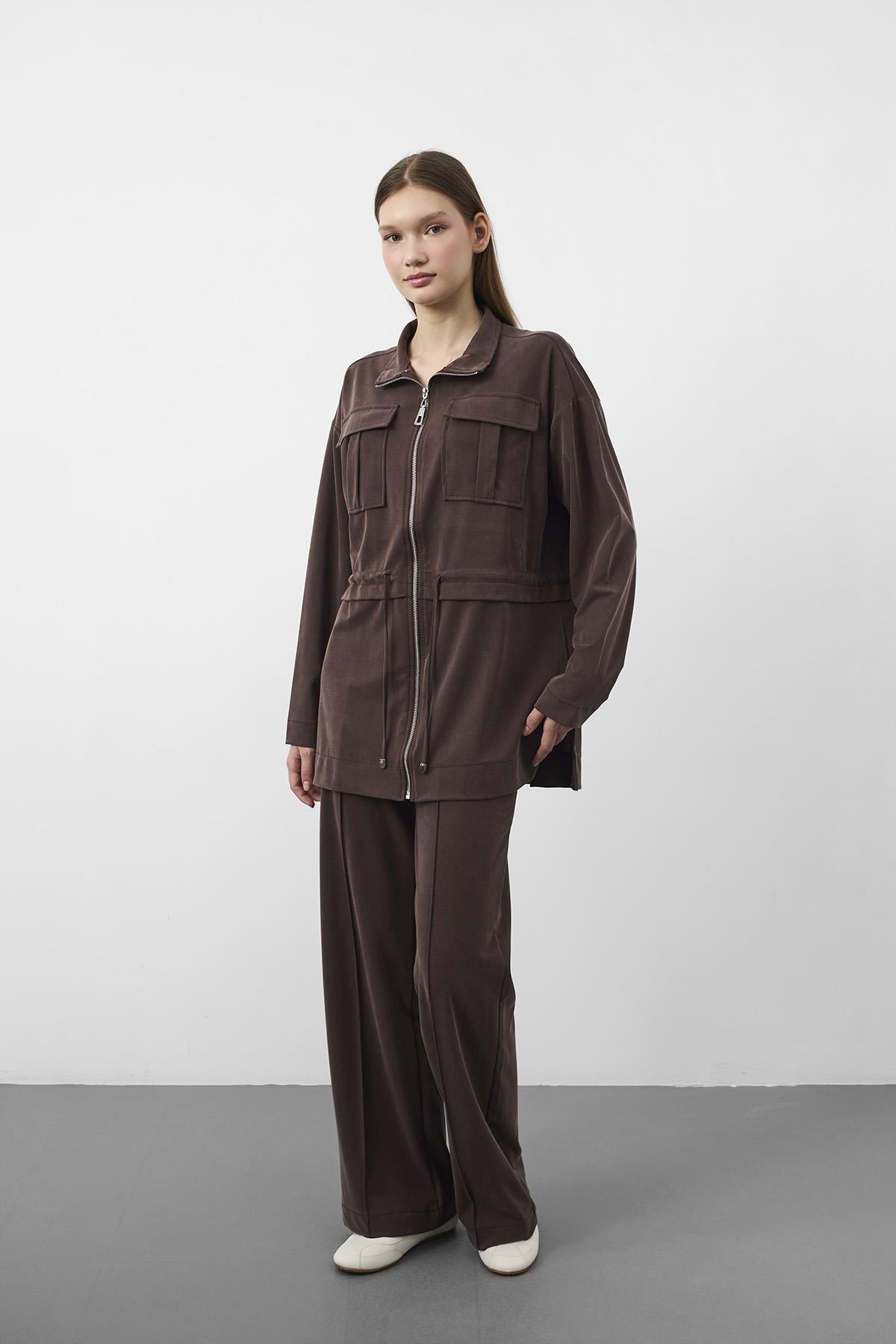 Kahve Tencel Akışkan Doku Beli Ayarlanabilir Ön Dikişli Ceket Pantolon Takım