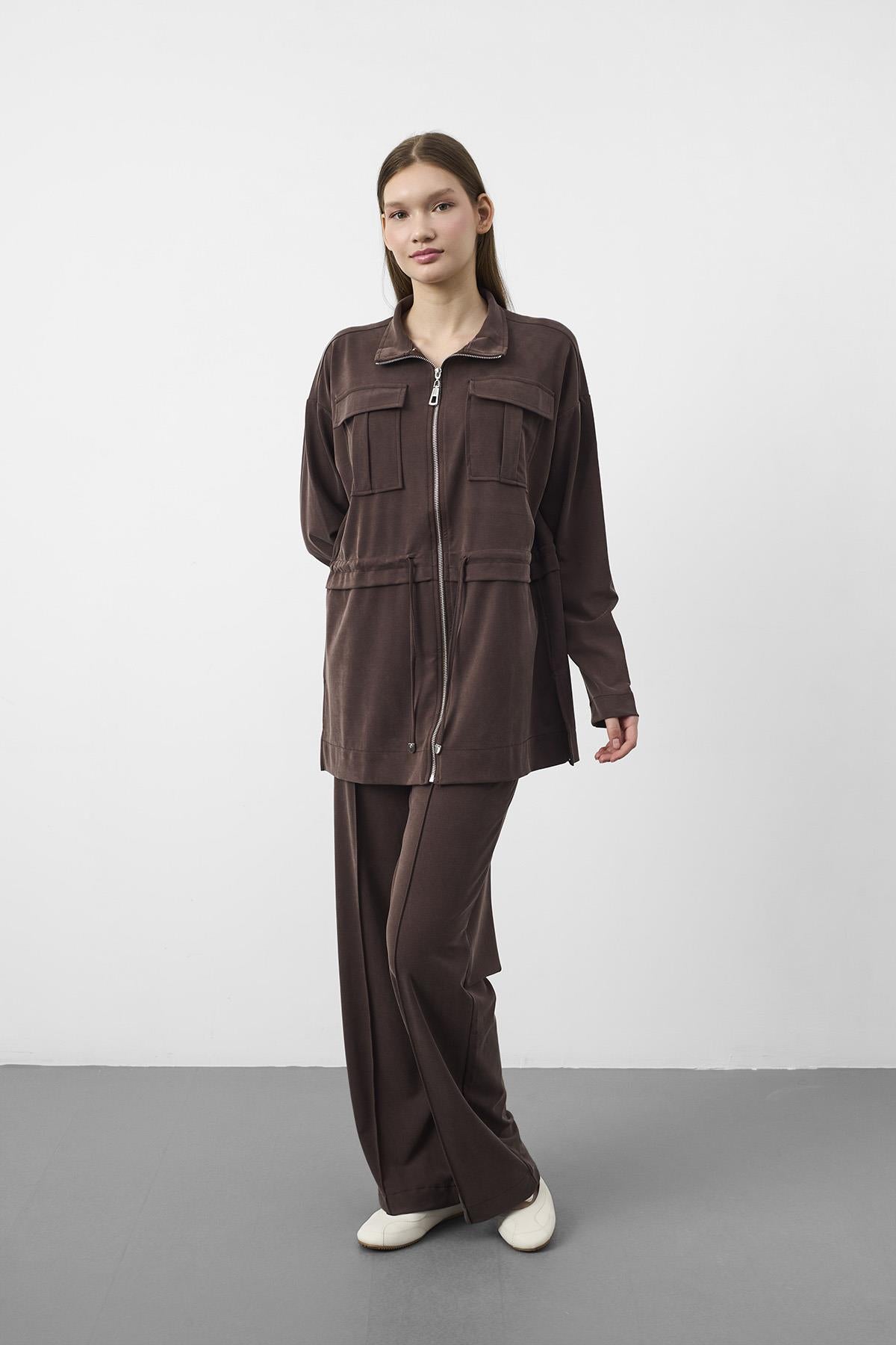 Kahve Tencel Akışkan Doku Beli Ayarlanabilir Ön Dikişli Ceket Pantolon Takım