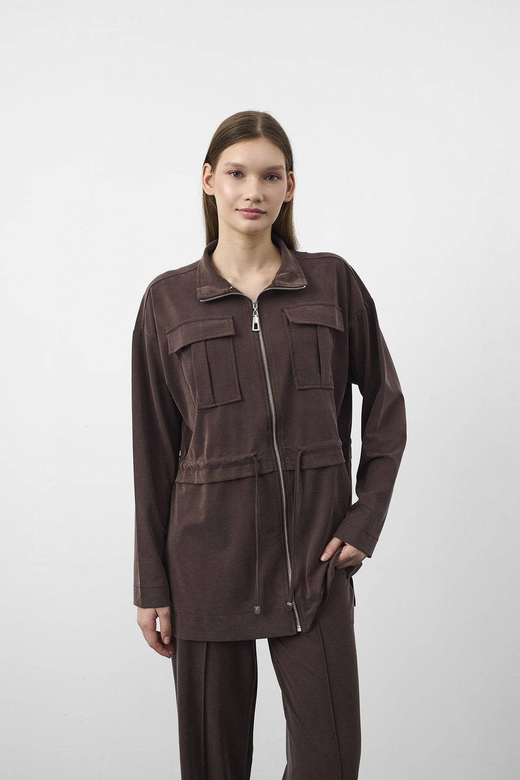 Kahve Tencel Akışkan Doku Beli Ayarlanabilir Ön Dikişli Ceket Pantolon Takım