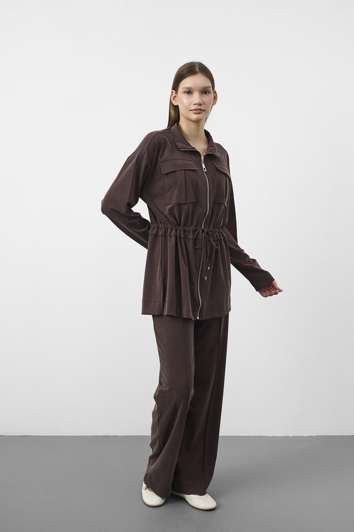 Kahve Tencel Akışkan Doku Beli Ayarlanabilir Ön Dikişli Ceket Pantolon Takım