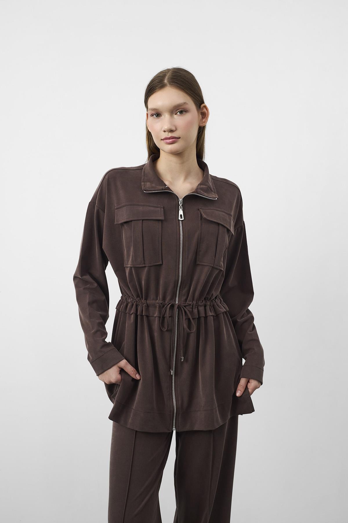 Kahve Tencel Akışkan Doku Beli Ayarlanabilir Ön Dikişli Ceket Pantolon Takım