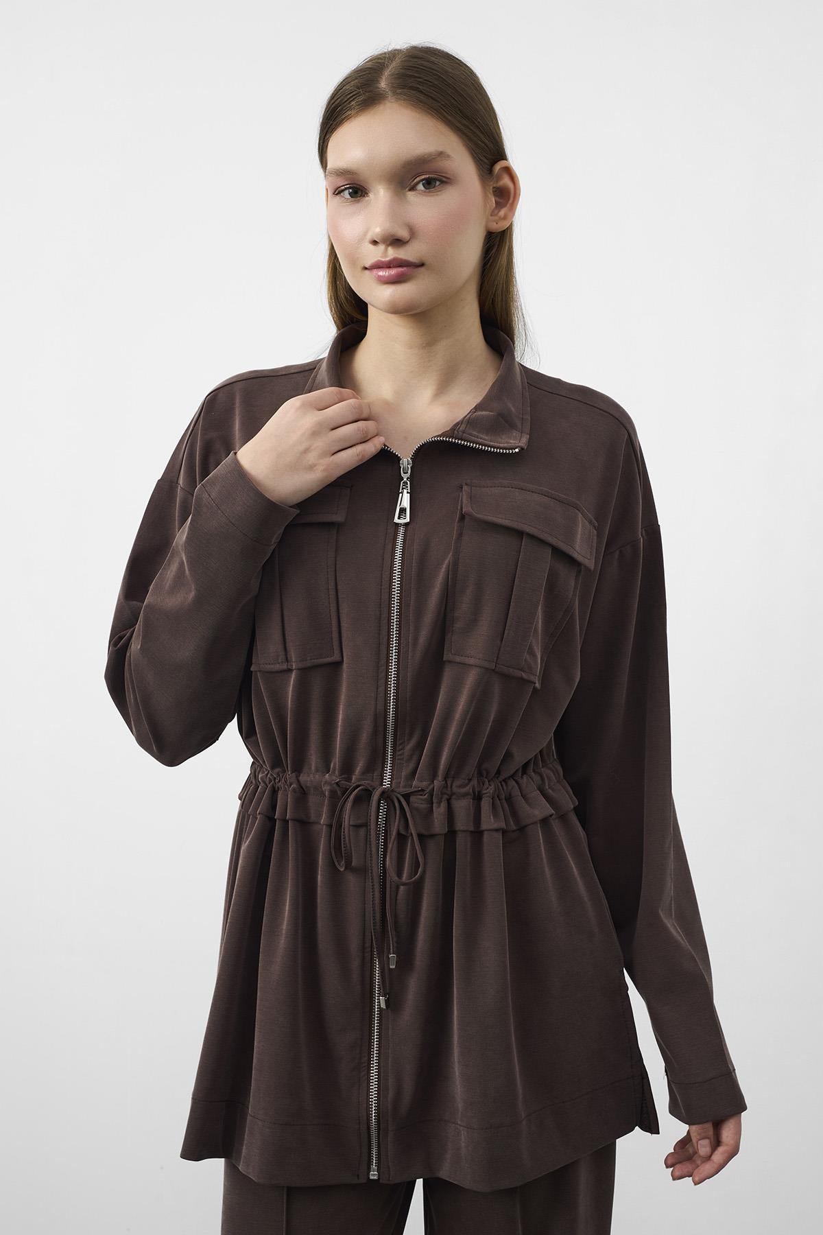 Kahve Tencel Akışkan Doku Beli Ayarlanabilir Ön Dikişli Ceket Pantolon Takım