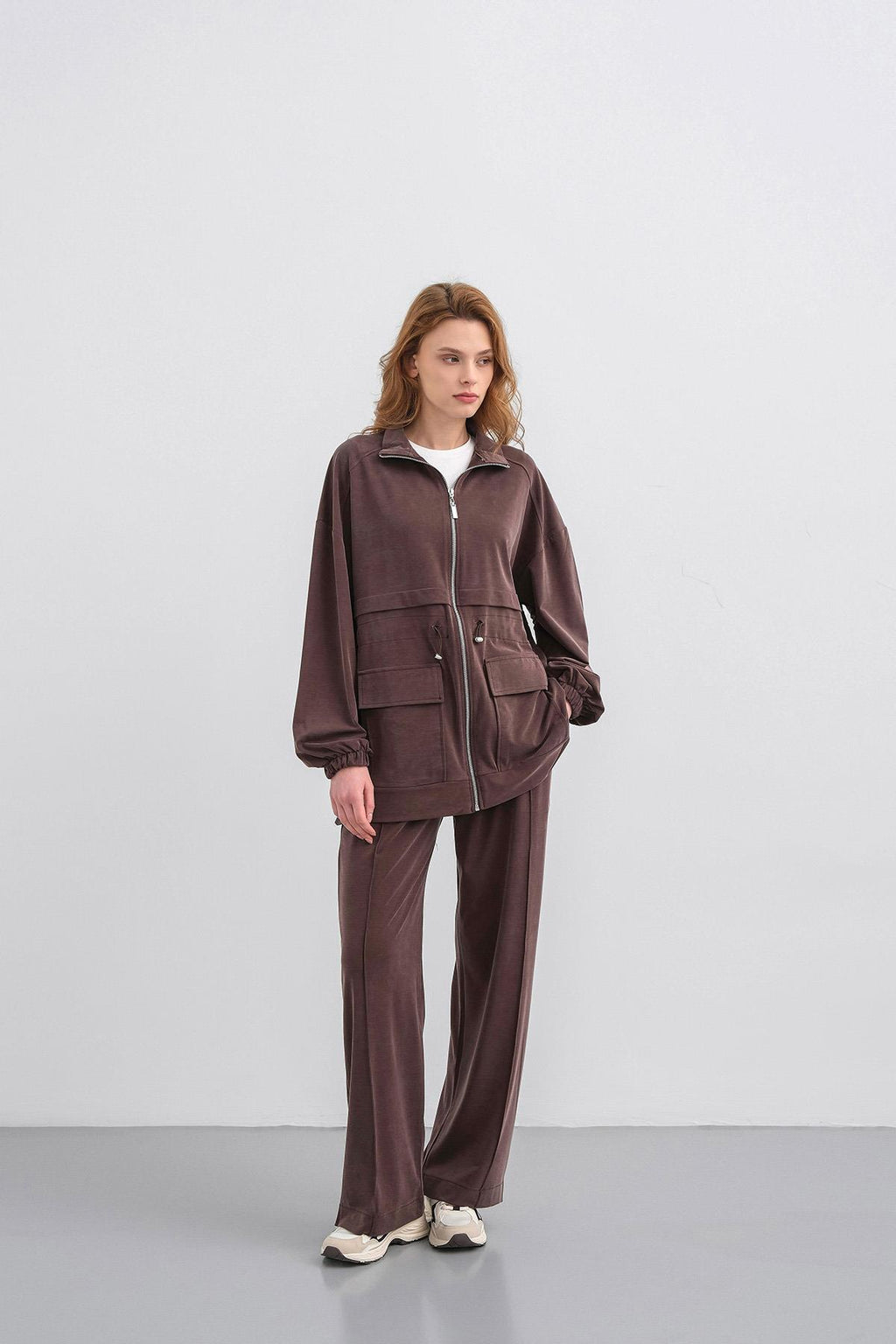 Kahverengi Kadın Bel Lastik Detaylı Cepli Fermuar Kapamalı Oversize Modal Alt Üst Takım