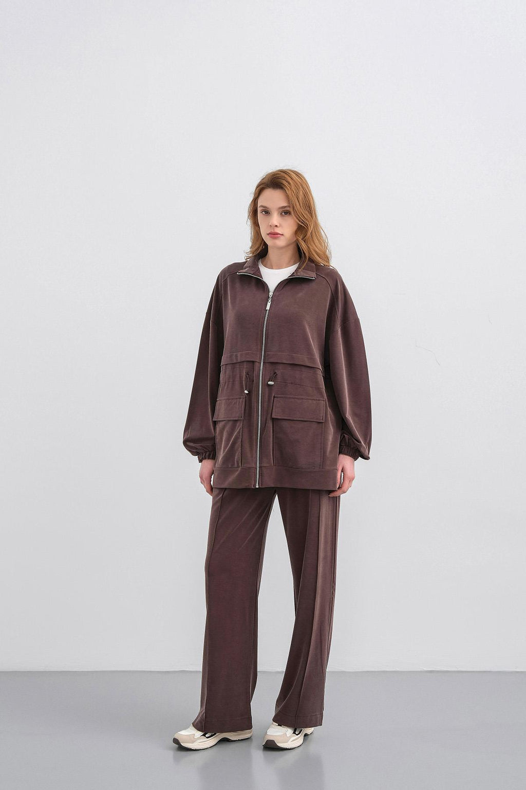 Kahverengi Kadın Bel Lastik Detaylı Cepli Fermuar Kapamalı Oversize Modal Alt Üst Takım