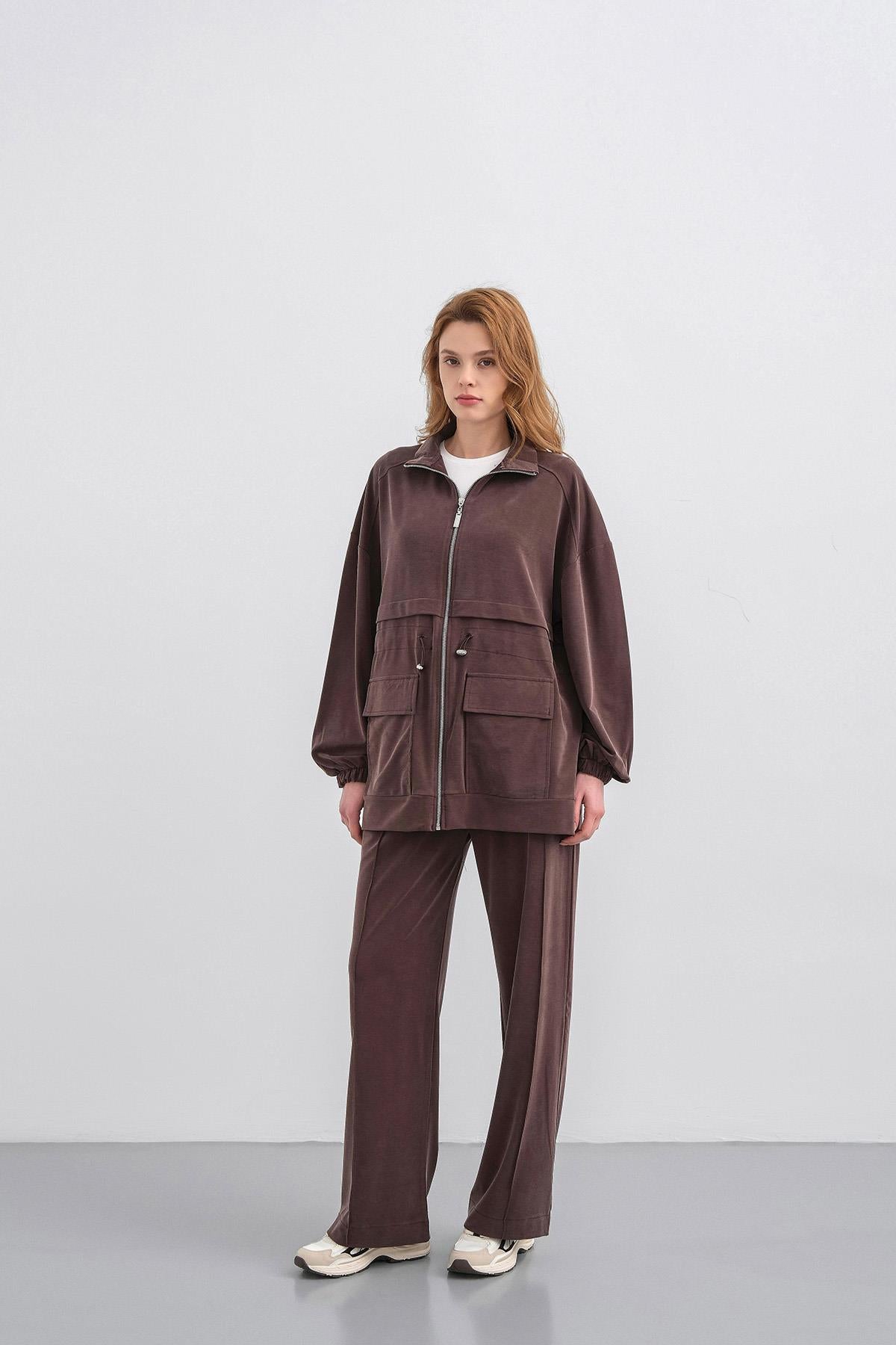 Kahverengi Kadın Bel Lastik Detaylı Cepli Fermuar Kapamalı Oversize Modal Alt Üst Takım