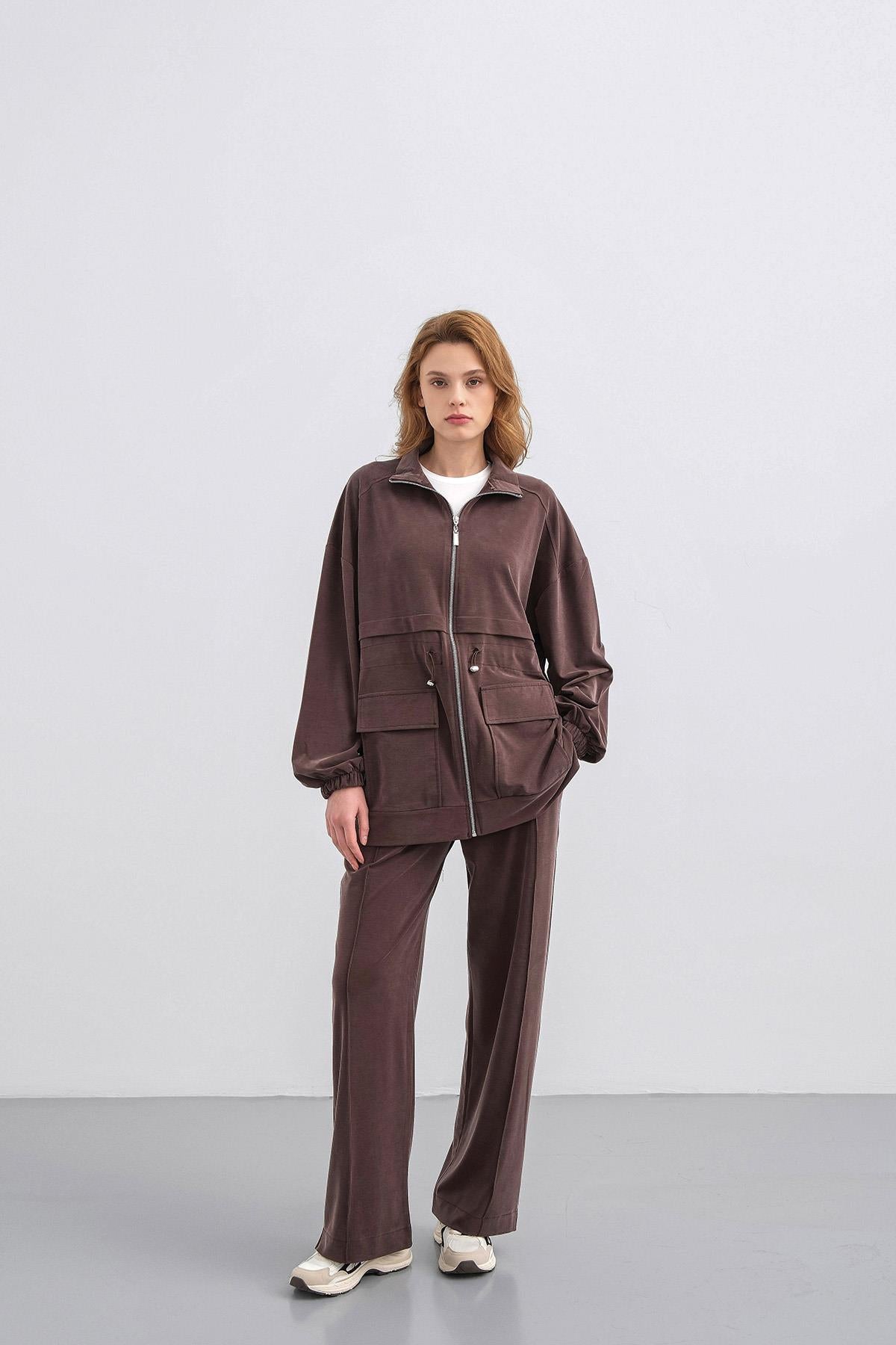 Kahverengi Kadın Bel Lastik Detaylı Cepli Fermuar Kapamalı Oversize Modal Alt Üst Takım