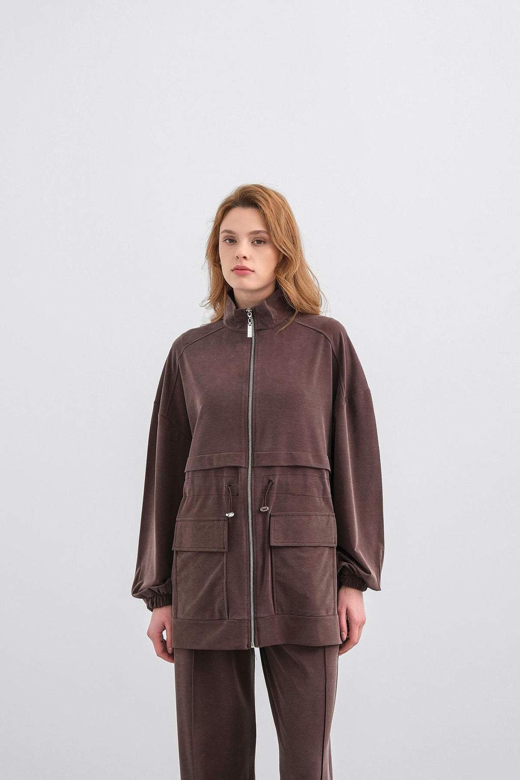 Kahverengi Kadın Bel Lastik Detaylı Cepli Fermuar Kapamalı Oversize Modal Alt Üst Takım