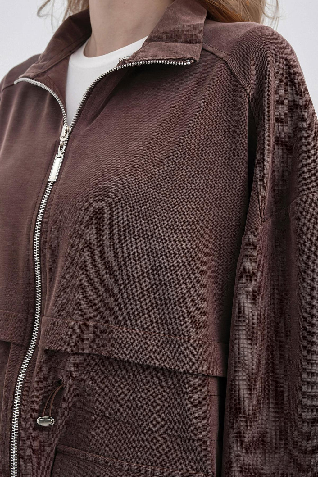 Kahverengi Kadın Bel Lastik Detaylı Cepli Fermuar Kapamalı Oversize Modal Alt Üst Takım