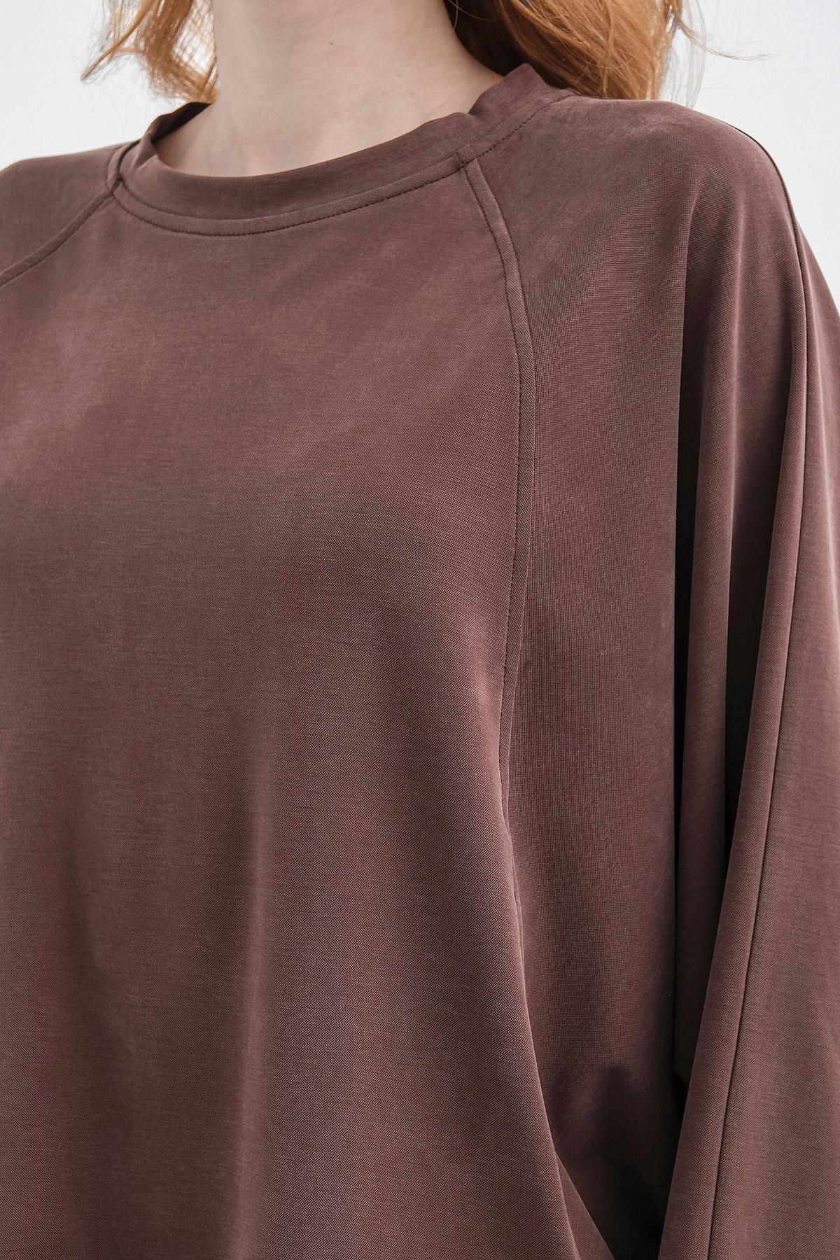 Kahverengi Kadın Tencel Karışımlı Yumuşak Dokulu Bisiklet Yaka Basic Bol Paça Alt-Üst Takım