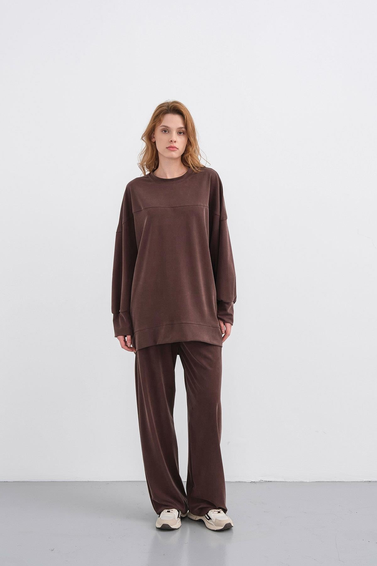 Kahverengi Kadın Tencel Karışımlı Yumuşak Dokulu Nervürlü Bol Paça Basic Alt-Üst Takım