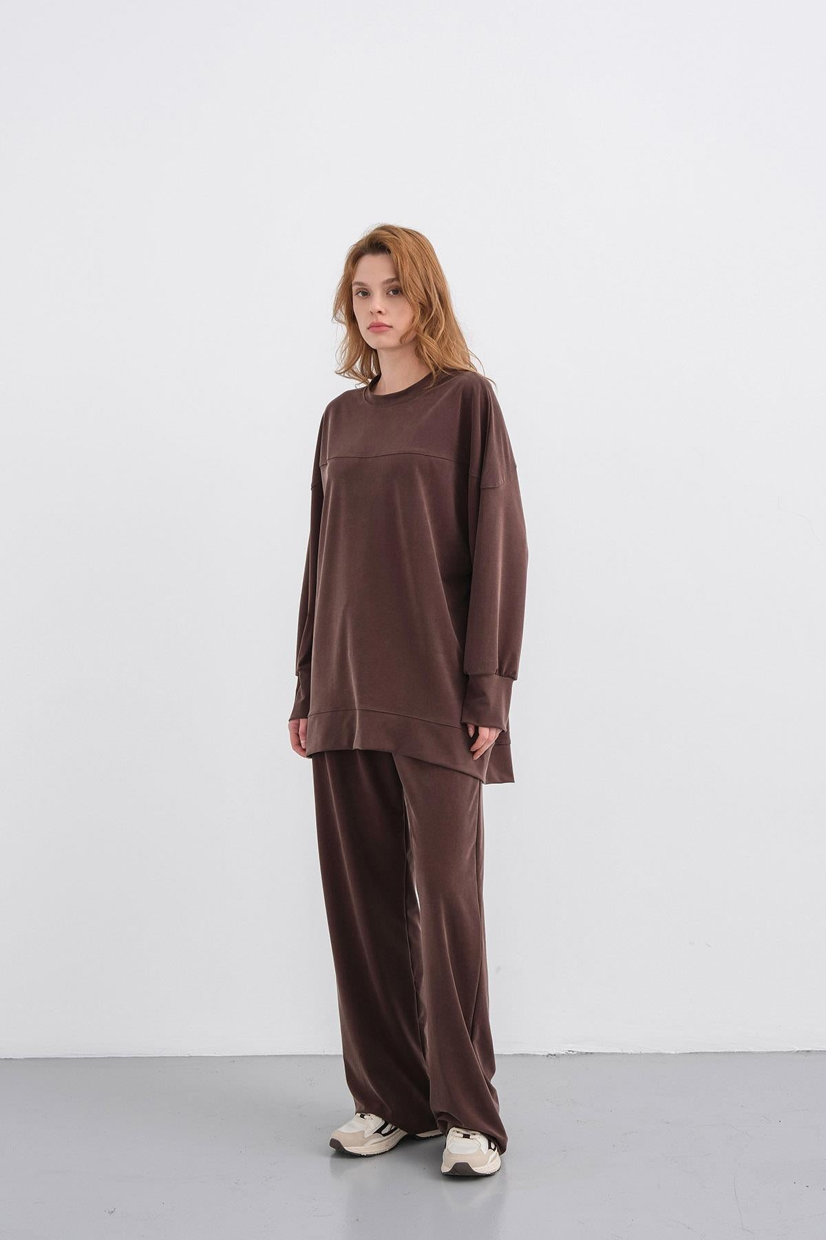 Kahverengi Kadın Tencel Karışımlı Yumuşak Dokulu Nervürlü Bol Paça Basic Alt-Üst Takım
