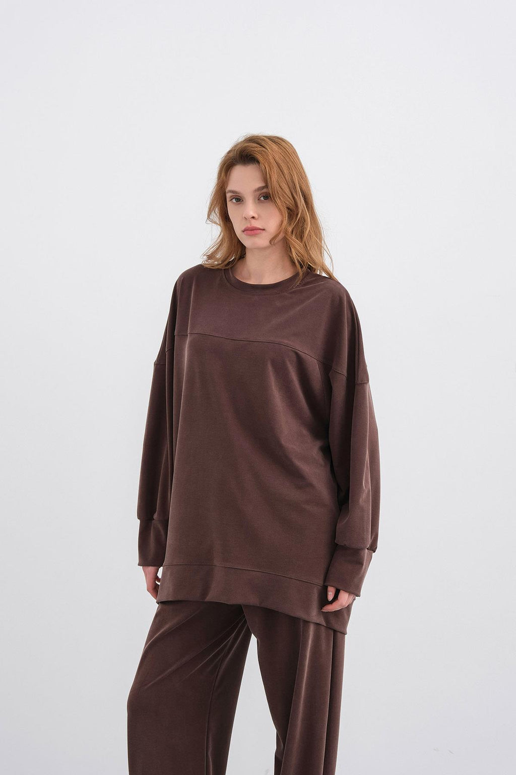 Kahverengi Kadın Tencel Karışımlı Yumuşak Dokulu Nervürlü Bol Paça Basic Alt-Üst Takım