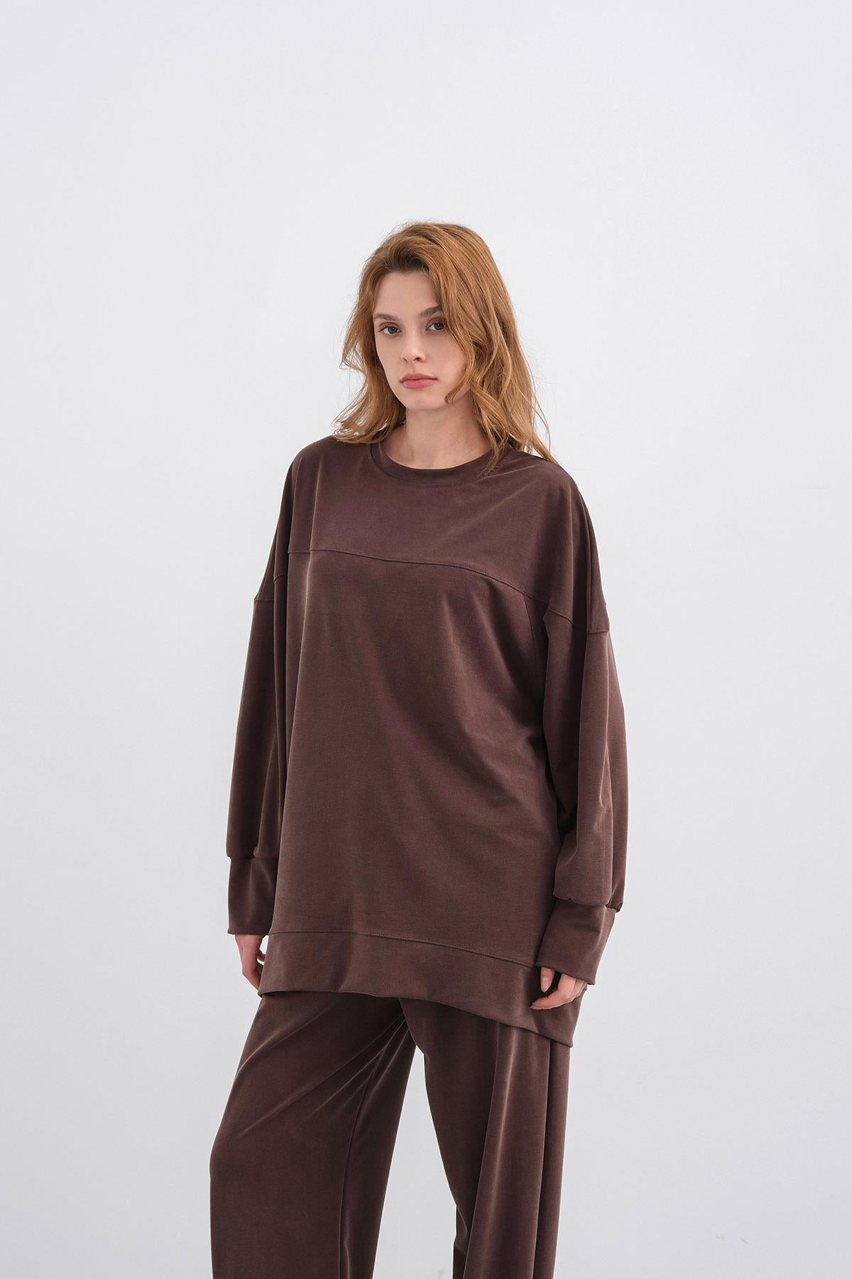 Kahverengi Kadın Tencel Karışımlı Yumuşak Dokulu Nervürlü Bol Paça Basic Alt-Üst Takım