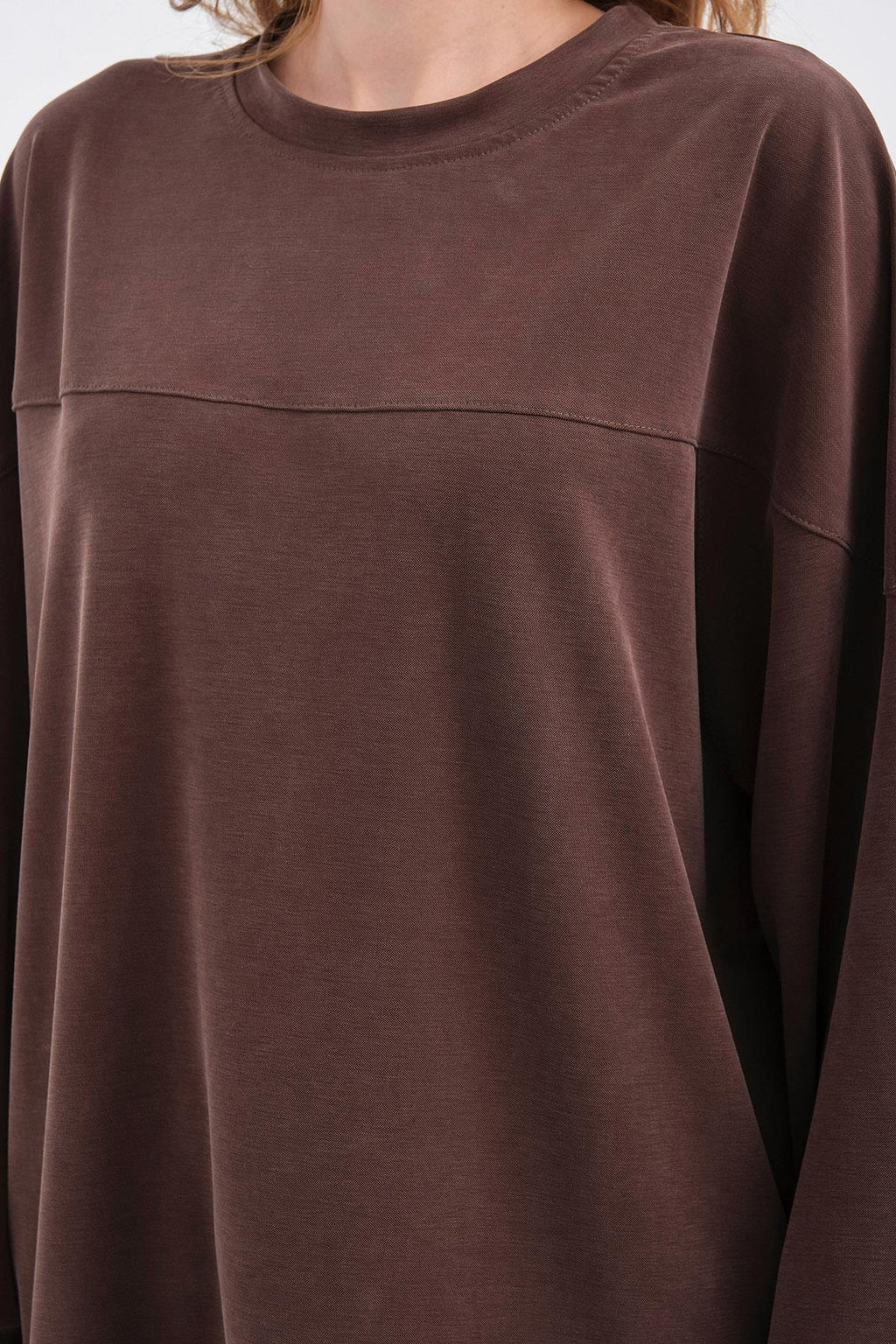 Kahverengi Kadın Tencel Karışımlı Yumuşak Dokulu Nervürlü Bol Paça Basic Alt-Üst Takım