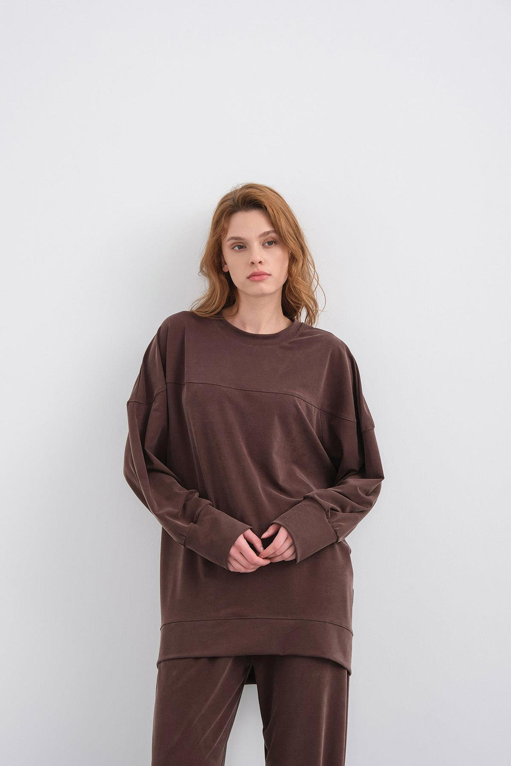 Kahverengi Kadın Tencel Karışımlı Yumuşak Dokulu Nervürlü Bol Paça Basic Alt-Üst Takım