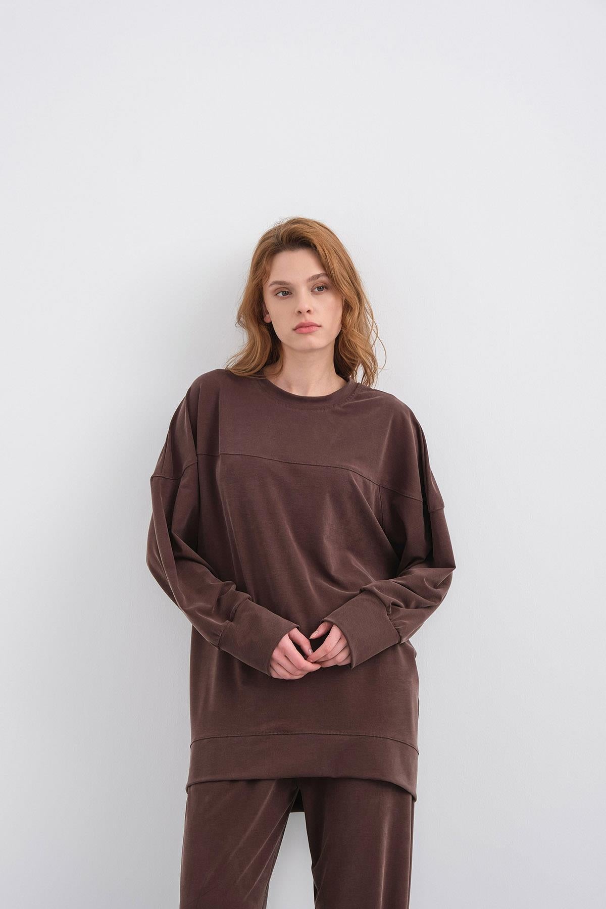 Kahverengi Kadın Tencel Karışımlı Yumuşak Dokulu Nervürlü Bol Paça Basic Alt-Üst Takım