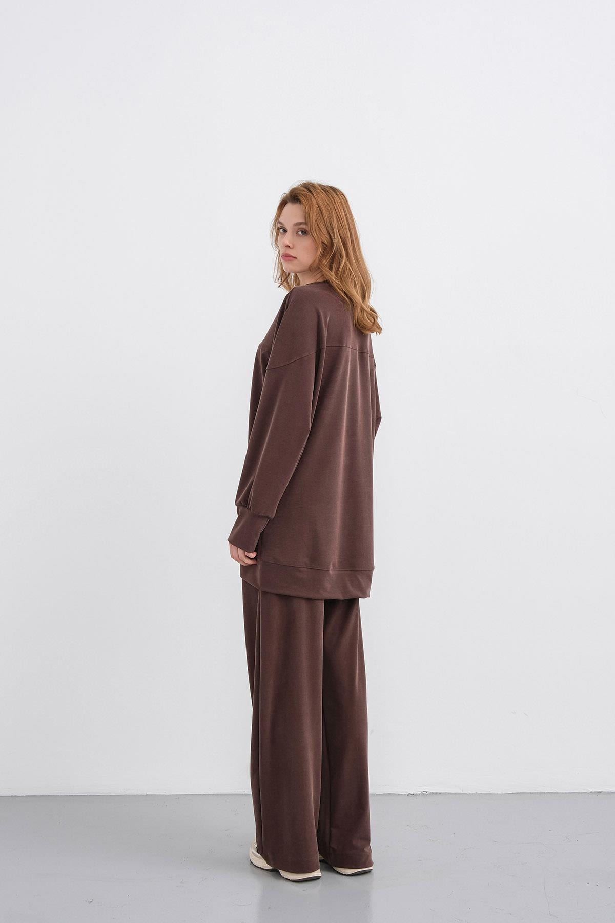 Kahverengi Kadın Tencel Karışımlı Yumuşak Dokulu Nervürlü Bol Paça Basic Alt-Üst Takım