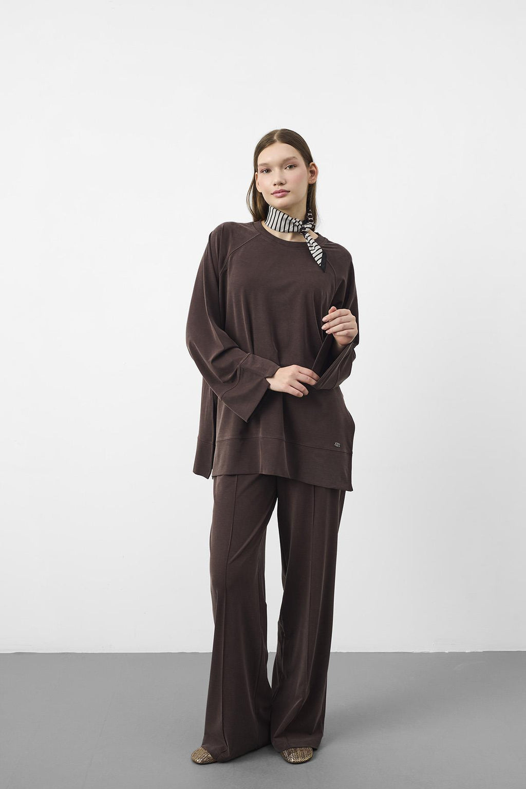 Kahverengi Oversize Kalıp Tencel Dokulu Relax Fit Premium Takım