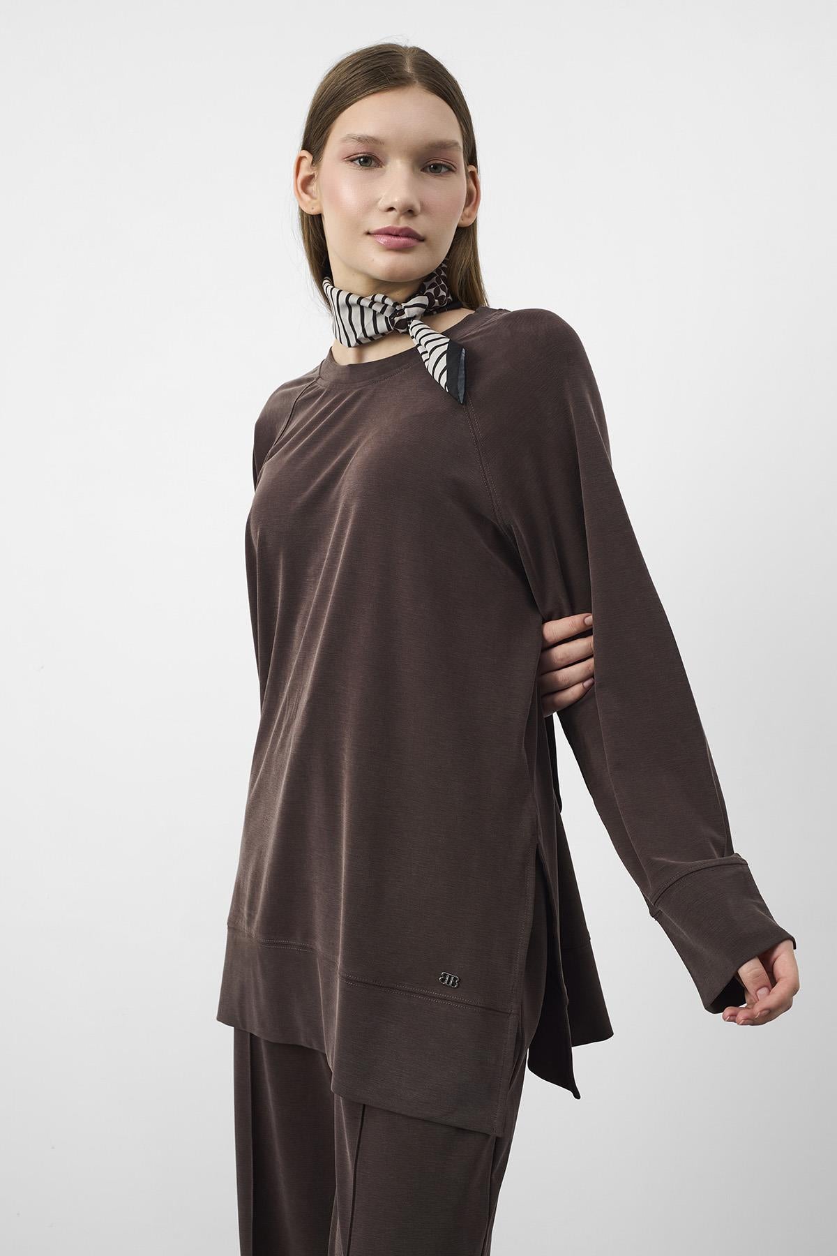 Kahverengi Oversize Kalıp Tencel Dokulu Relax Fit Premium Takım