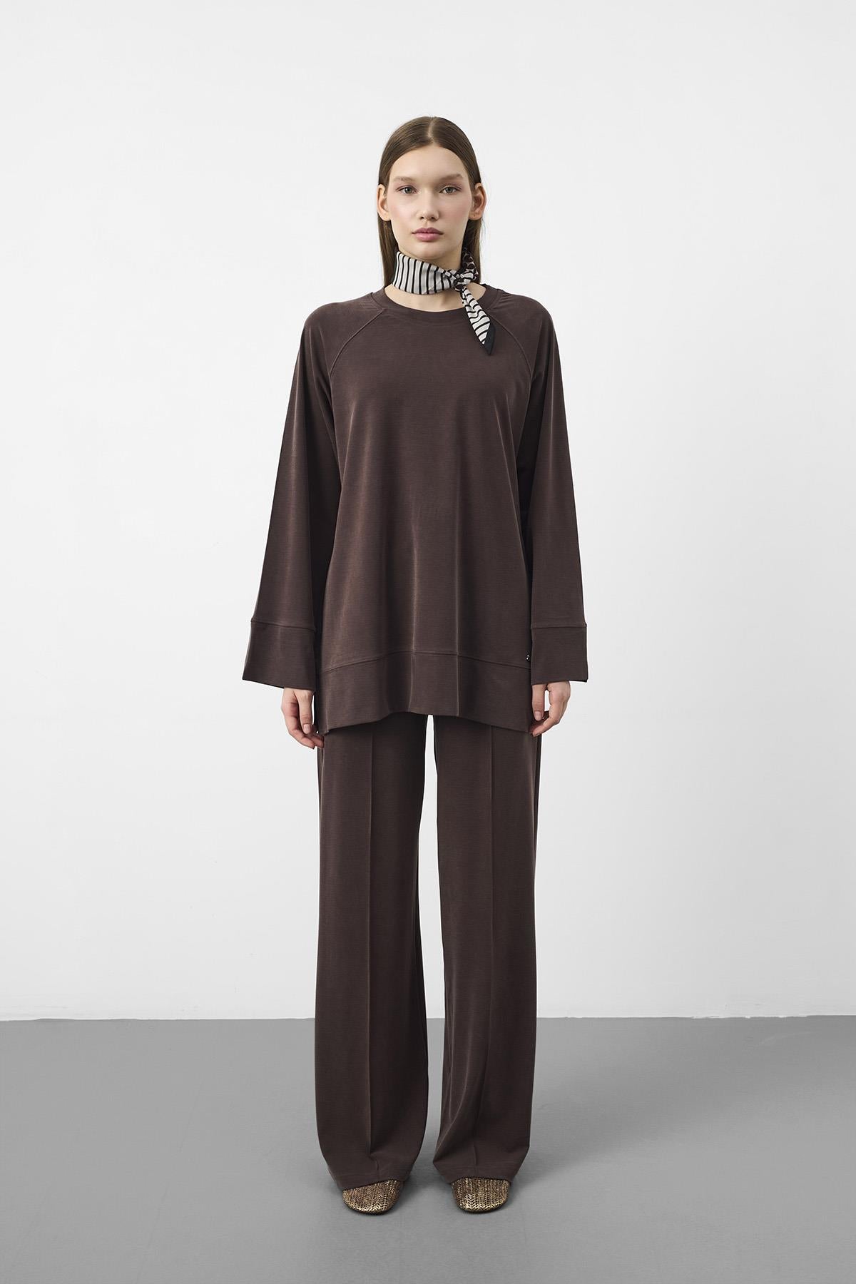 Kahverengi Oversize Kalıp Tencel Dokulu Relax Fit Premium Takım