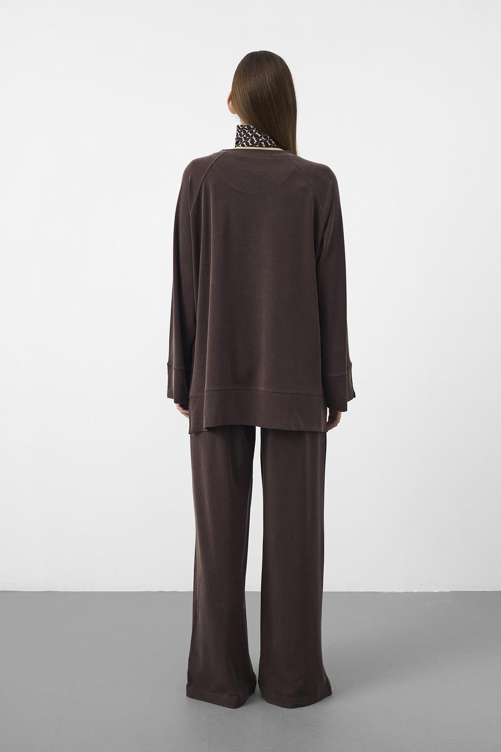 Kahverengi Oversize Kalıp Tencel Dokulu Relax Fit Premium Takım