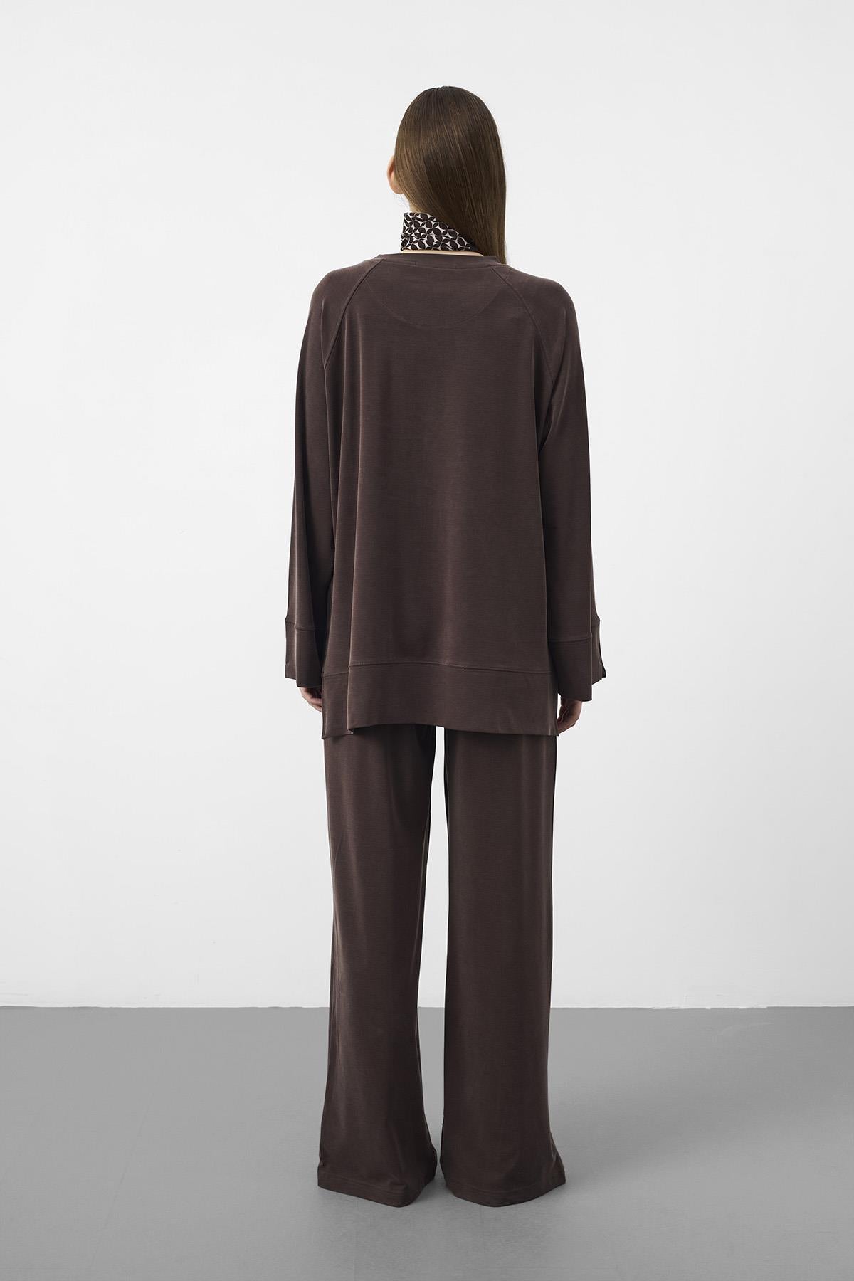 Kahverengi Oversize Kalıp Tencel Dokulu Relax Fit Premium Takım