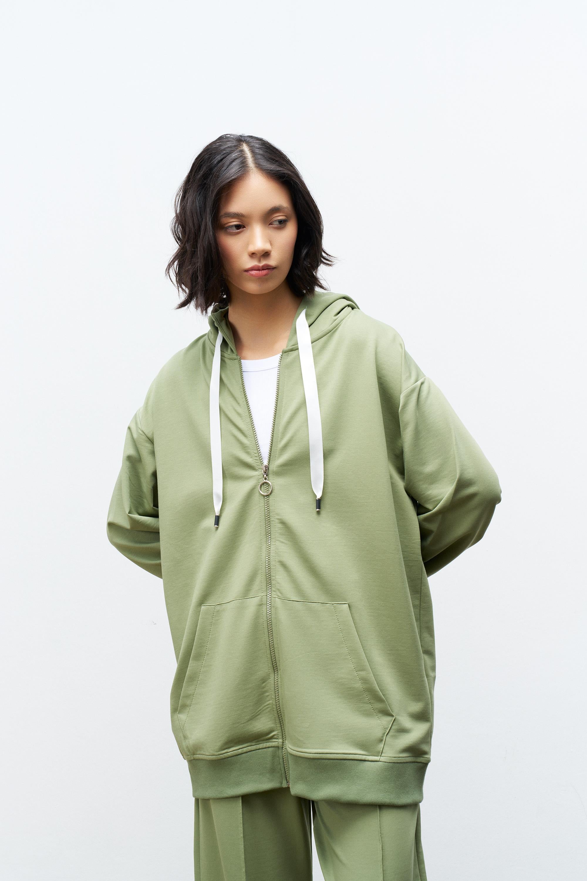 Koyu Haki Kadın Cep Detaylı Fermuar Kapamalı Kapüşonlu Alt Üst Pamuklu Örme Takım