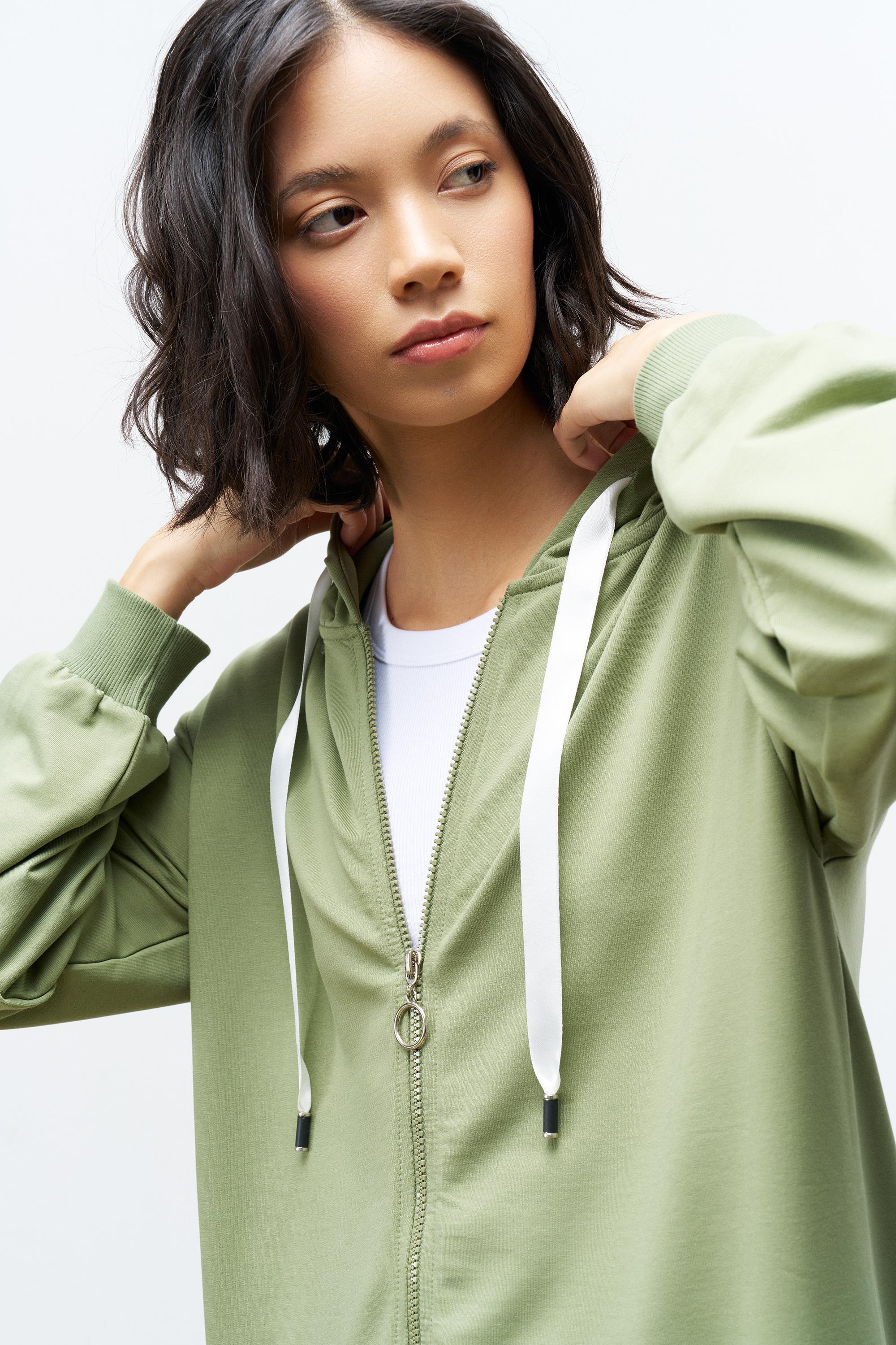 Koyu Haki Kadın Cep Detaylı Fermuar Kapamalı Kapüşonlu Alt Üst Pamuklu Örme Takım