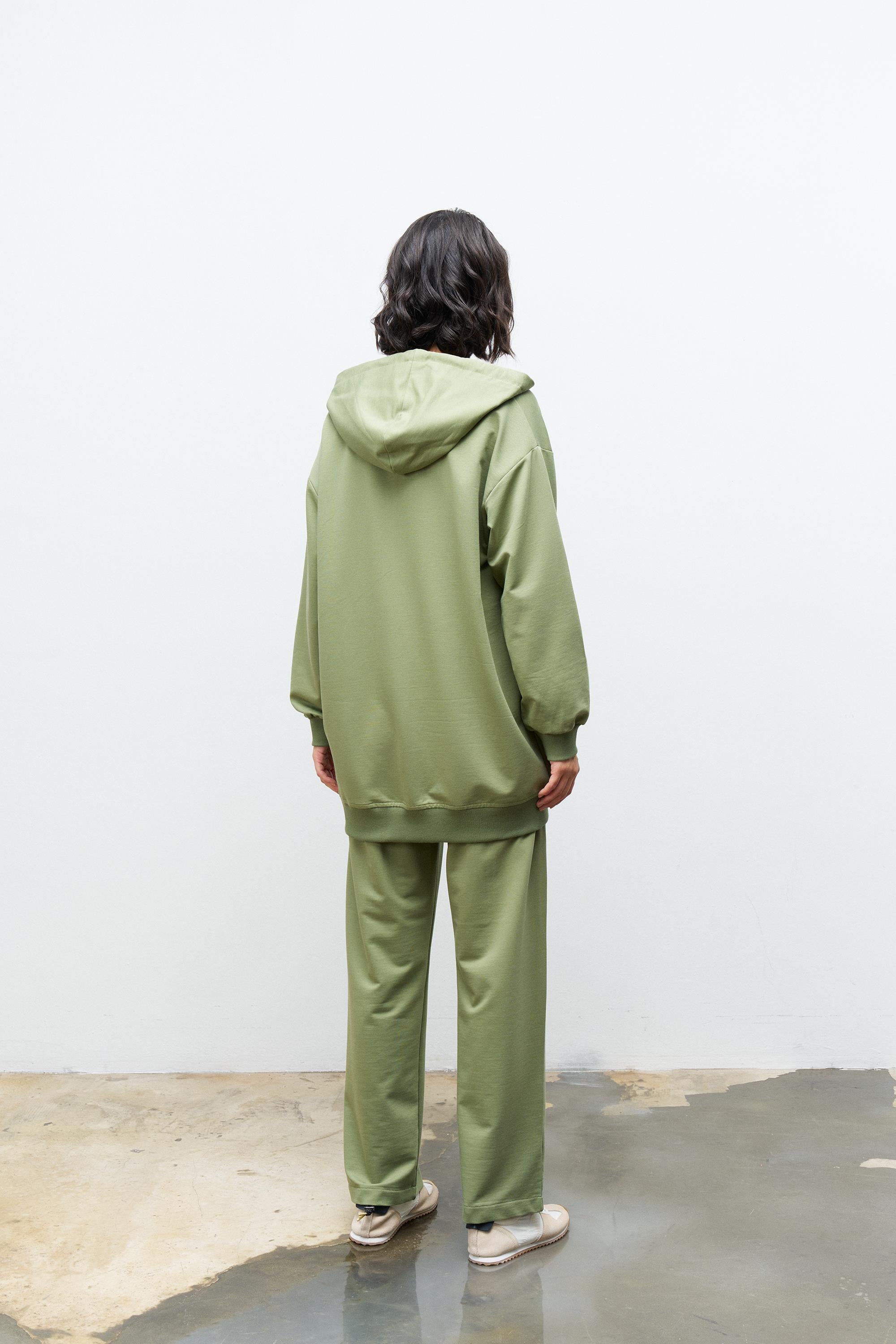 Koyu Haki Kadın Cep Detaylı Fermuar Kapamalı Kapüşonlu Alt Üst Pamuklu Örme Takım