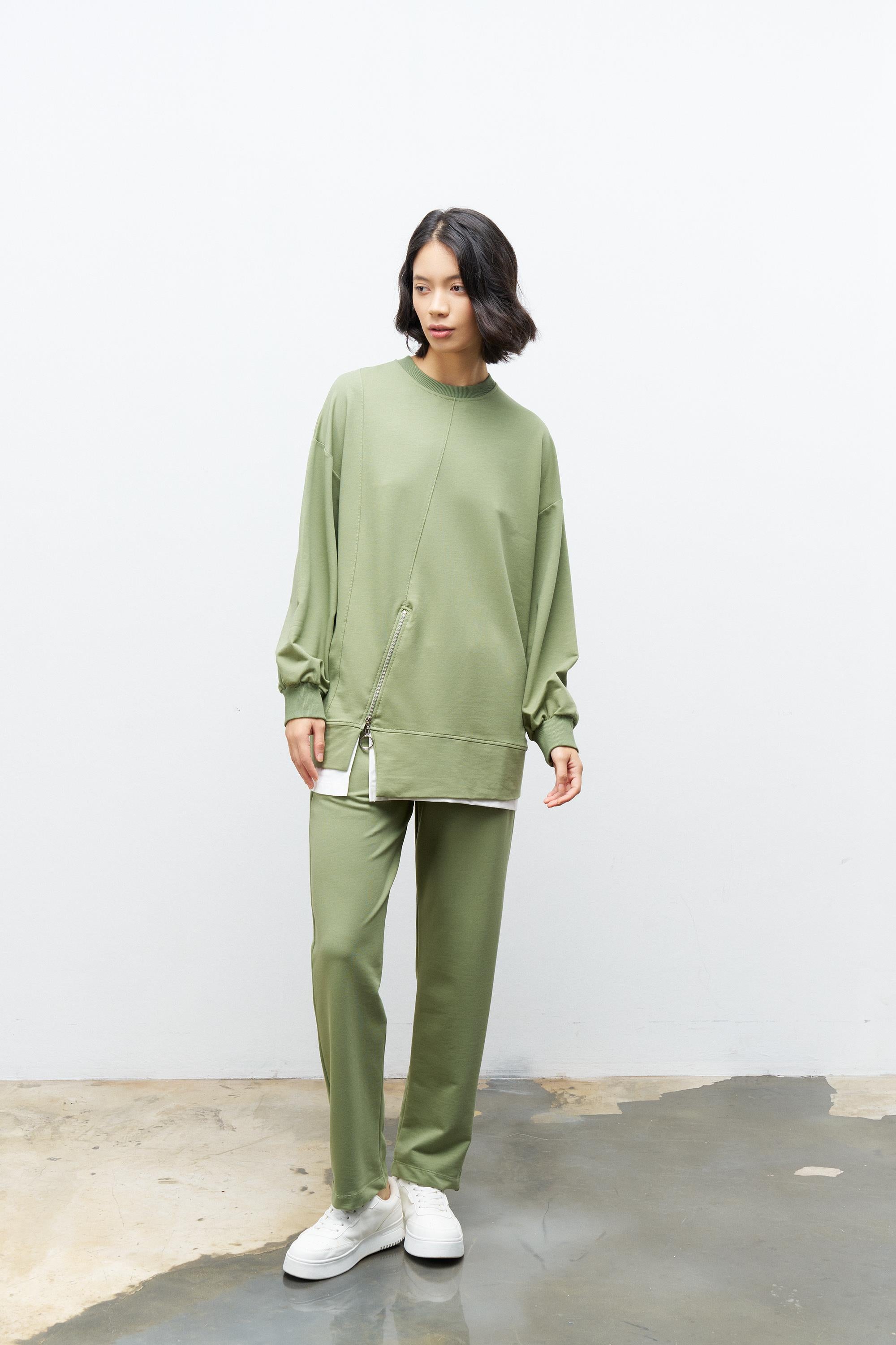 Koyu Haki Kadın Eteği Süprem Fermuar Detaylı Bel Lastikli Pamuklu Örme Alt Üst Takım