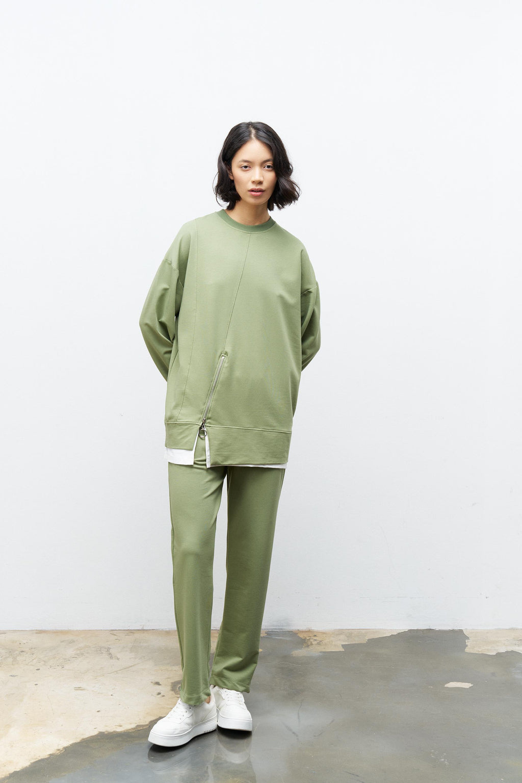 Koyu Haki Kadın Eteği Süprem Fermuar Detaylı Bel Lastikli Pamuklu Örme Alt Üst Takım