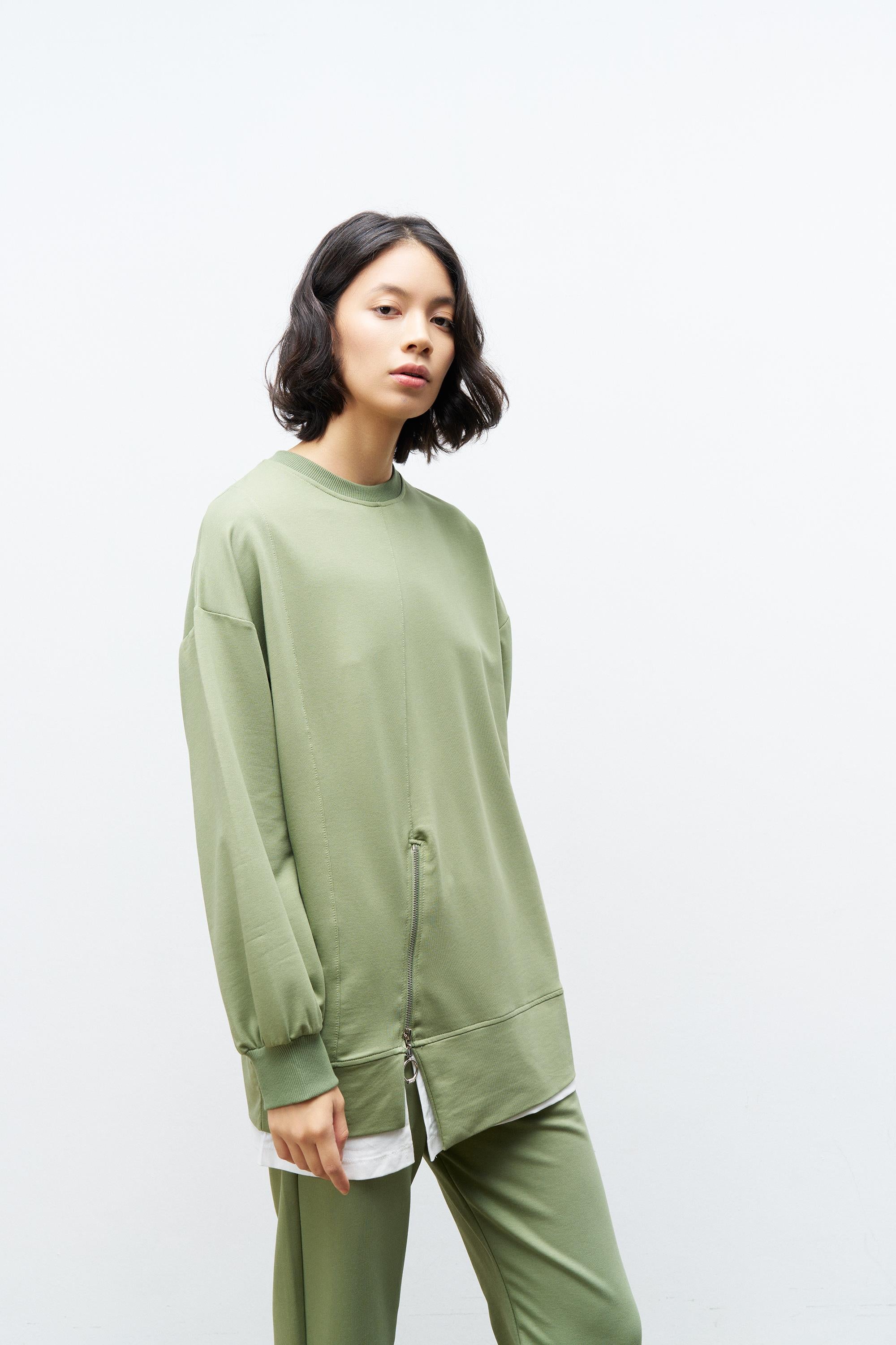 Koyu Haki Kadın Eteği Süprem Fermuar Detaylı Bel Lastikli Pamuklu Örme Alt Üst Takım