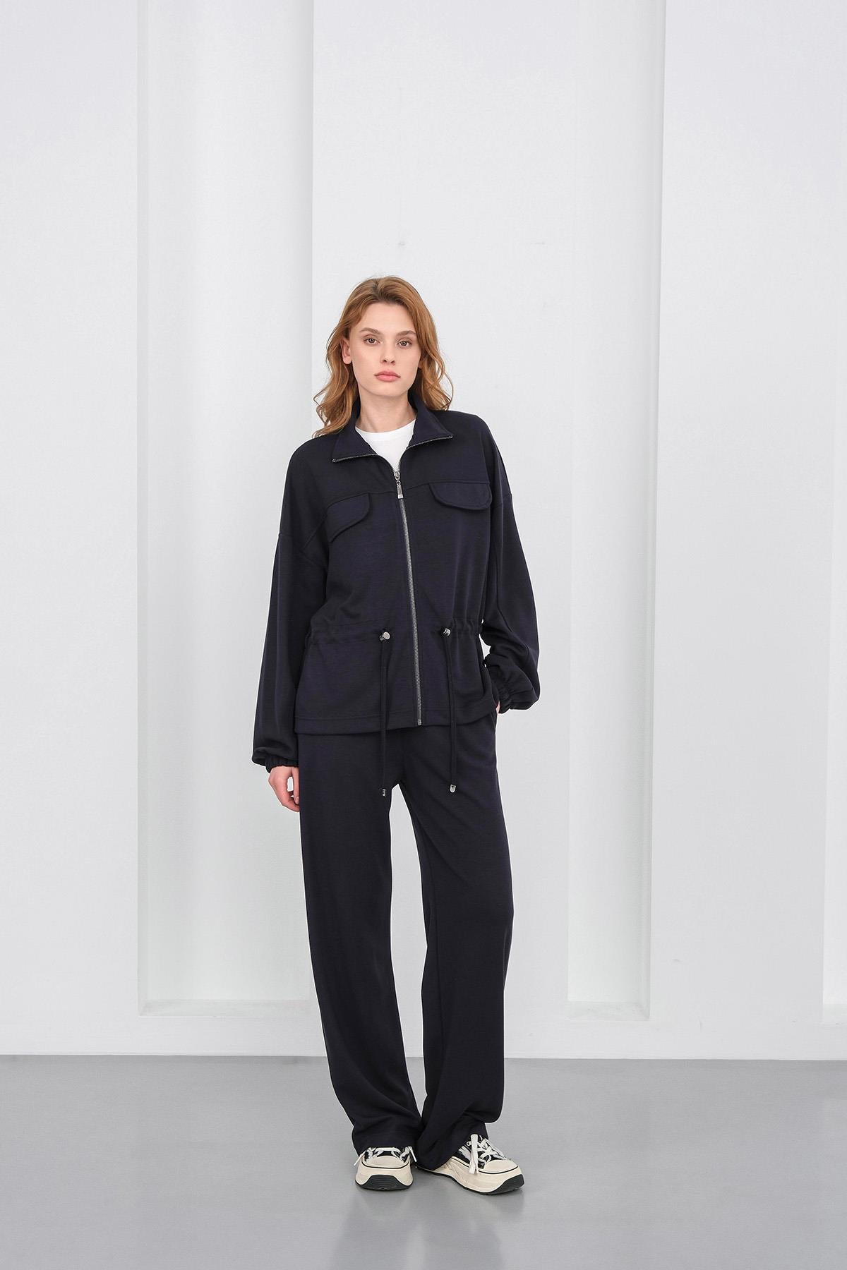 Koyu Lacivert Kadın Boydan Fermuarlı Dik Yakalı Premium Modal Alt-Üst Takım