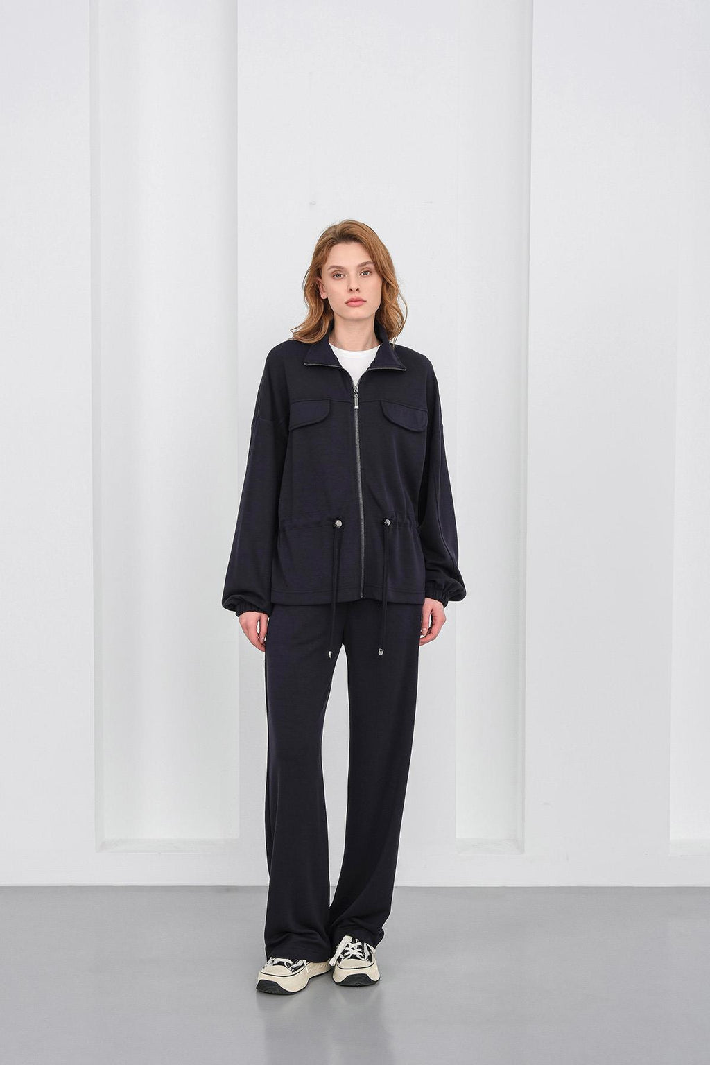 Koyu Lacivert Kadın Boydan Fermuarlı Dik Yakalı Premium Modal Alt-Üst Takım